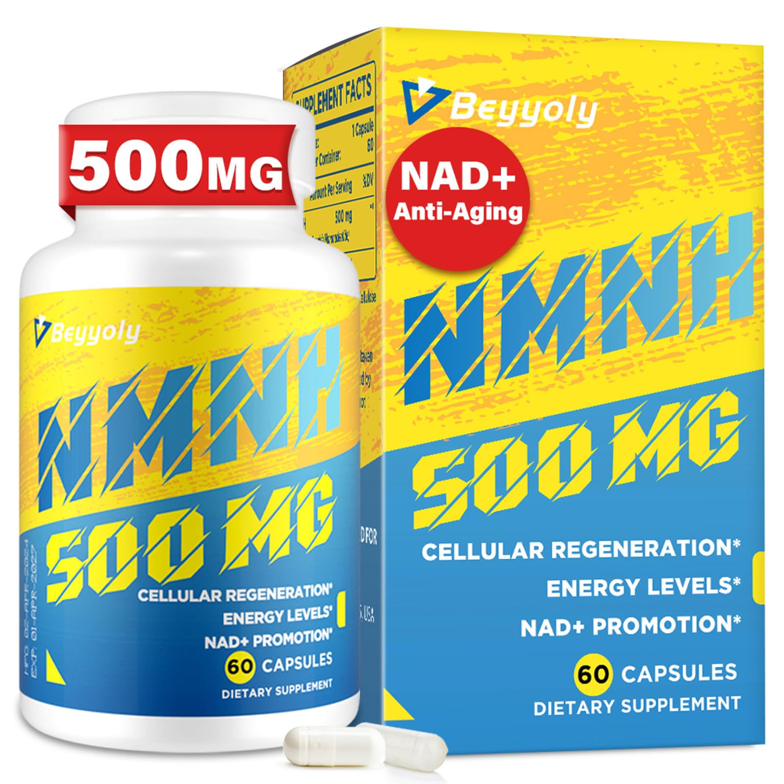 NMNH (NMN Supplement Alternative) NAD Supplements for Anti Aging, Energy, Immune, Focus (Dihydronicotinamide Mononucleotide) 500mg, to Boost NAD+ Levels As We Age, Pure Organic - 60 Capsules BeyyolyAu supplements