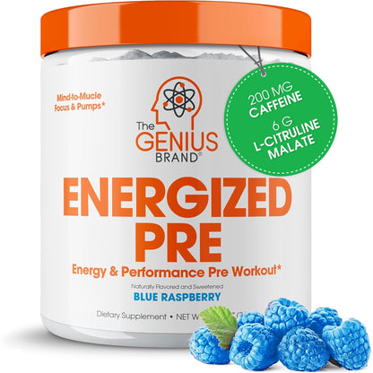 Genius Energized Pre Workout Powder – Caffeine Infused Pre-Workout Booster Supplement with Beta Alanine & Alpha GPC, No Artificial Sweeteners or Dyes - 200mg Caffeine, 20 Servings, Blue Raspberry The Genius BrandUS supplements