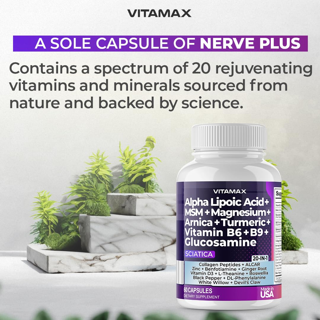 Sciatic Nerve Health Support - Sciatic Nerve Supplement Capsules with Folic Acid, Pea, Glucosamine, MSM, Vitamin B Complex, Alpha Lipoic Acid 300mg – 60ct – Made in USA VitamaxAu supplements