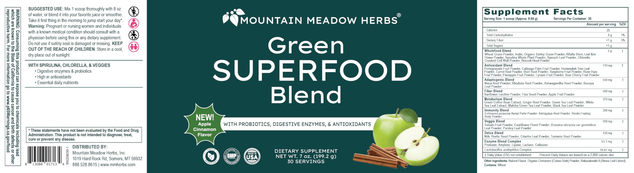 Mountain Meadow Herbs Green Superfood Blend – Spirulina, Chlorella, Mushrooms, Probiotics, Digestive Enzymes, Antioxidants – Organic Greens Powder for Energy & Gut Health – 30 Servings Mountain Meadow HerbsAu supplements
