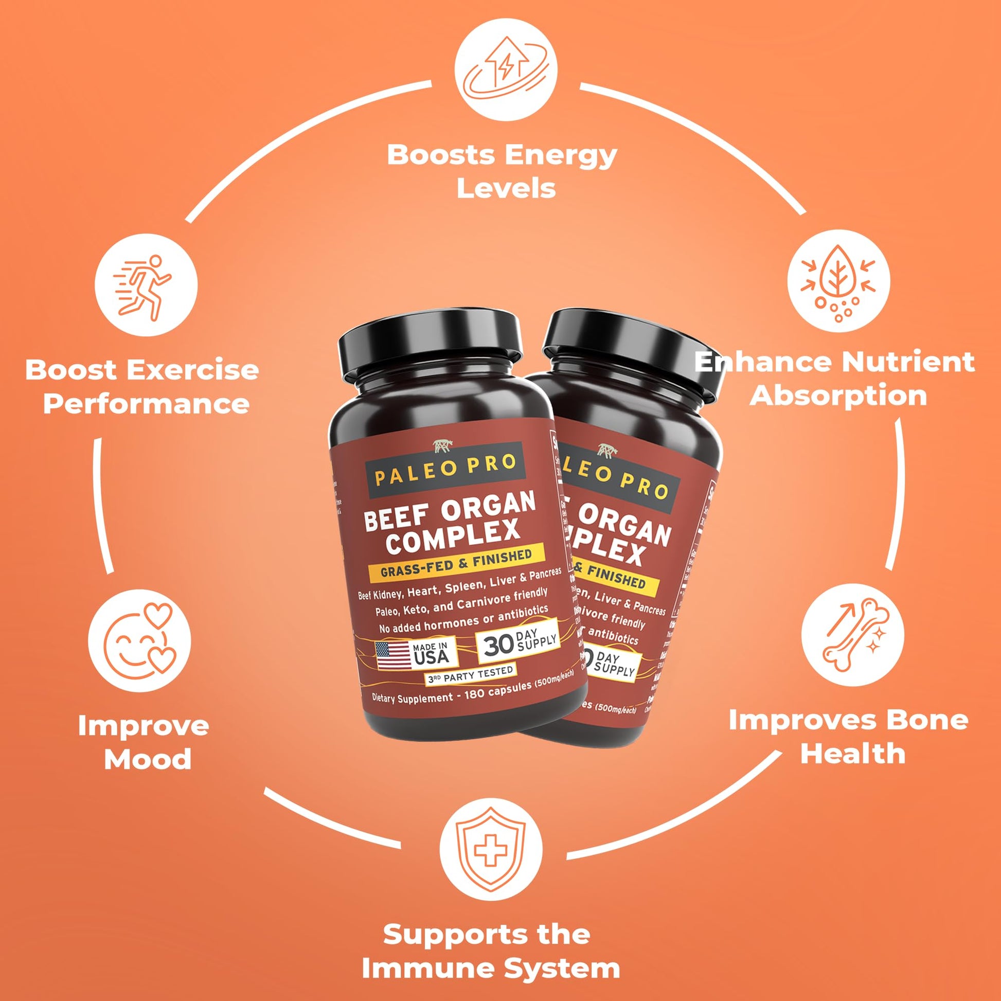 Paleo Pro O.G. Blend Premium Beef Organs Capsules, Kidney, Heart, Liver, Spleen and Pancreas from Grass Fed & Pastured Cows, Dietary Supplement, No GMO, 180 Capsules (Beef Organ Complex) Paleo ProAu supplements