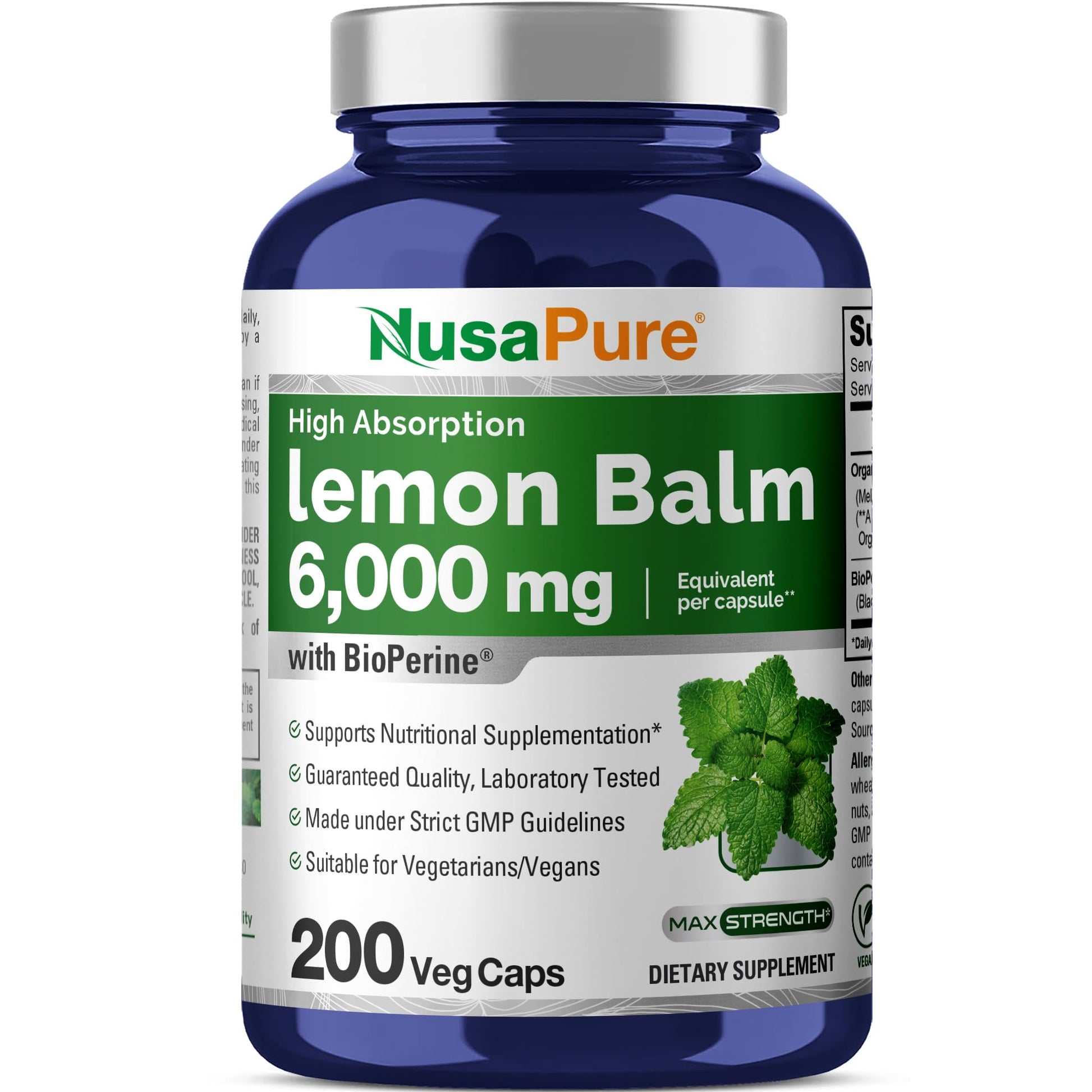 NusaPure Lemon Balm 30:1 Extract, 200 mg Equivalent to 6000mg Per Vegan Caps - 200 Count Non-GMO, Vegan Bioperine NusaPureAu supplements
