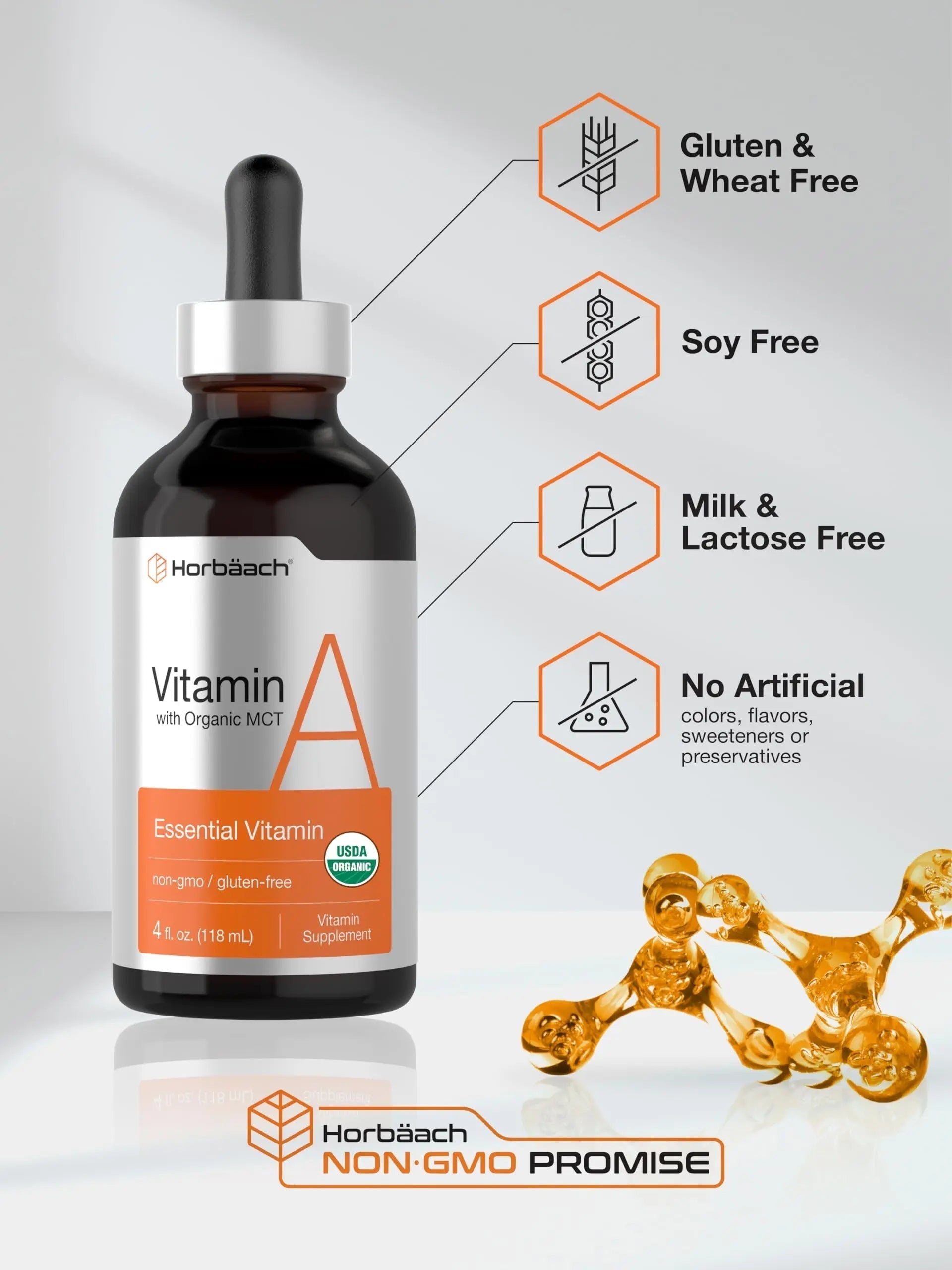 Horbäach Vitamin A Liquid | 4 fl oz | Supplement with Organic Fractionated Coconut Oil | Non-GMO, Gluten Free HorbäachAu supplements