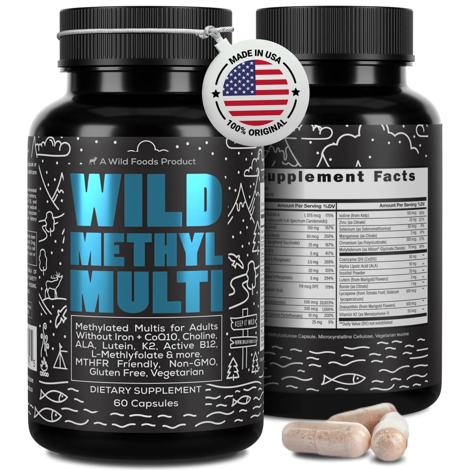 Wild Methylated Multivitamin for Women & Men | Daily Multi Vitamin | MTHFR Supplement Without Iron | Methylated B12, Folate, Vitamin C, A, K2, D, E Wild FoodsAu supplements