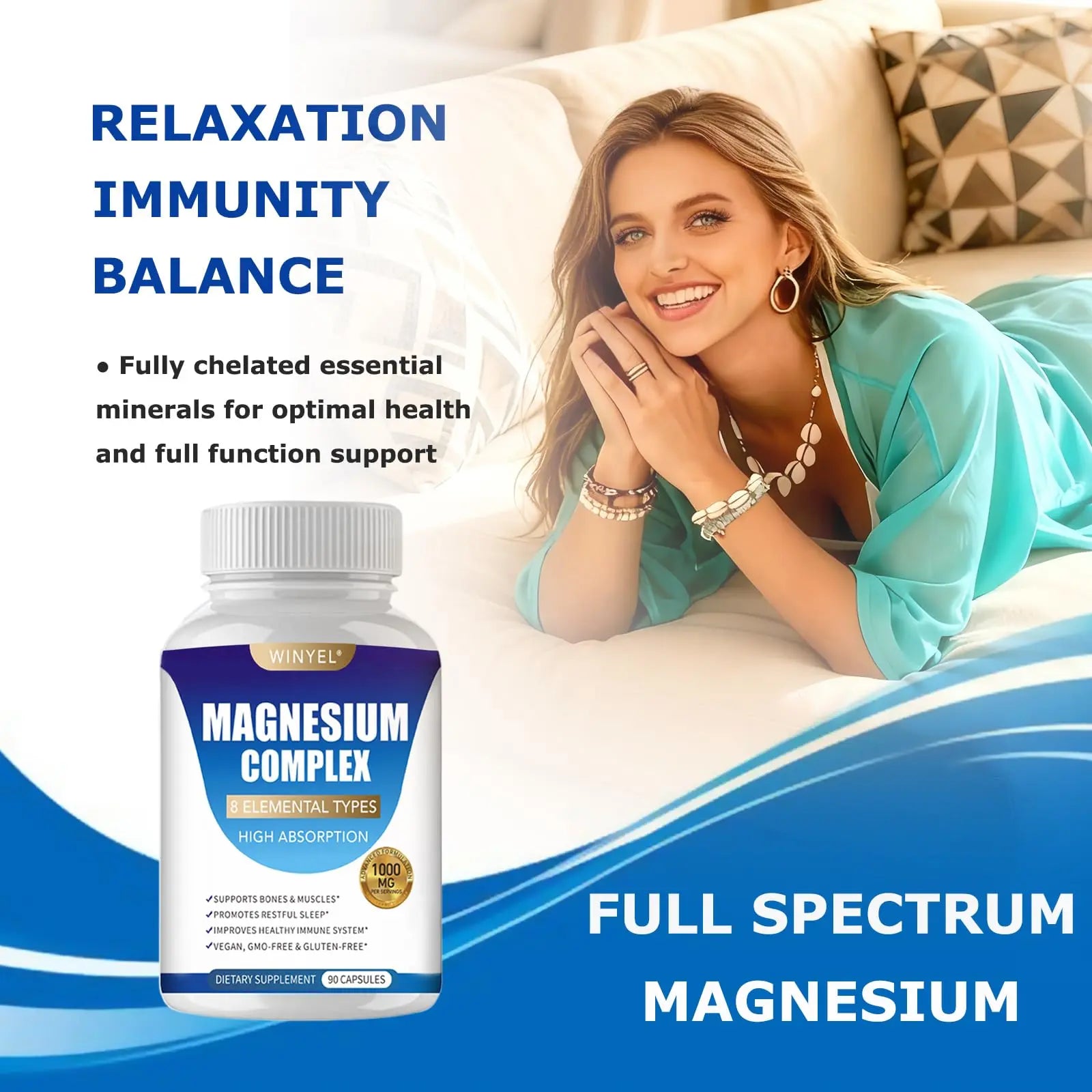 Magnesium Complex Supplement 8 Elemental 1000mg | Magnesium Supplement with Glycinate, Malate, Citrate | Sleep, Relaxation, Bone & Muscle | Vegan 90 Capsules WINYELnz supplements
