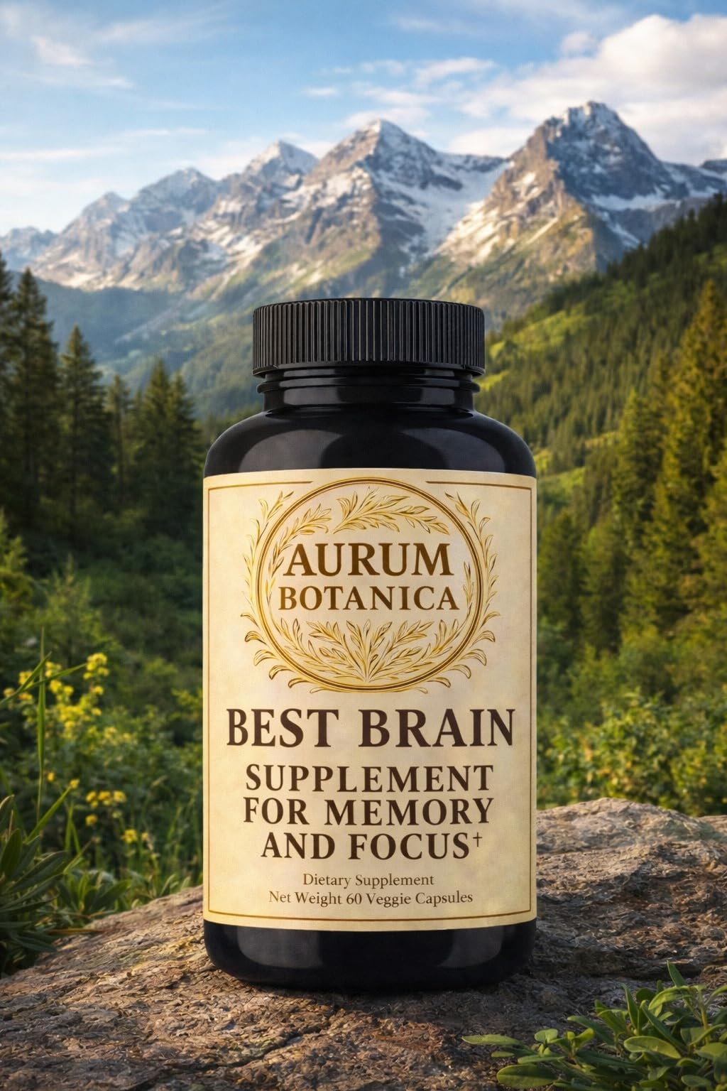 AURUM BOTANICA Best Brain Supplement for Memory and Focus - L-Theanine, Lion's Main, Vitamin B6, B12, D3, Folate, L-Tyrosine, Bacopa Monnieri, Alpha GPC, Theacrine, 30mg of Natural Caffeine (60 Count) AURUM BOTANICAAu supplements