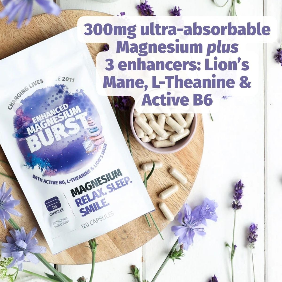 Enhanced Magnesium (Capsules) | Precise 300mg per Serving | Enhancement Blend: Organic Lion's Mane Extract, L-theanine, Active Vitamin B6 | 120 Capsules - by Organic Burst Organic BurstAu supplements