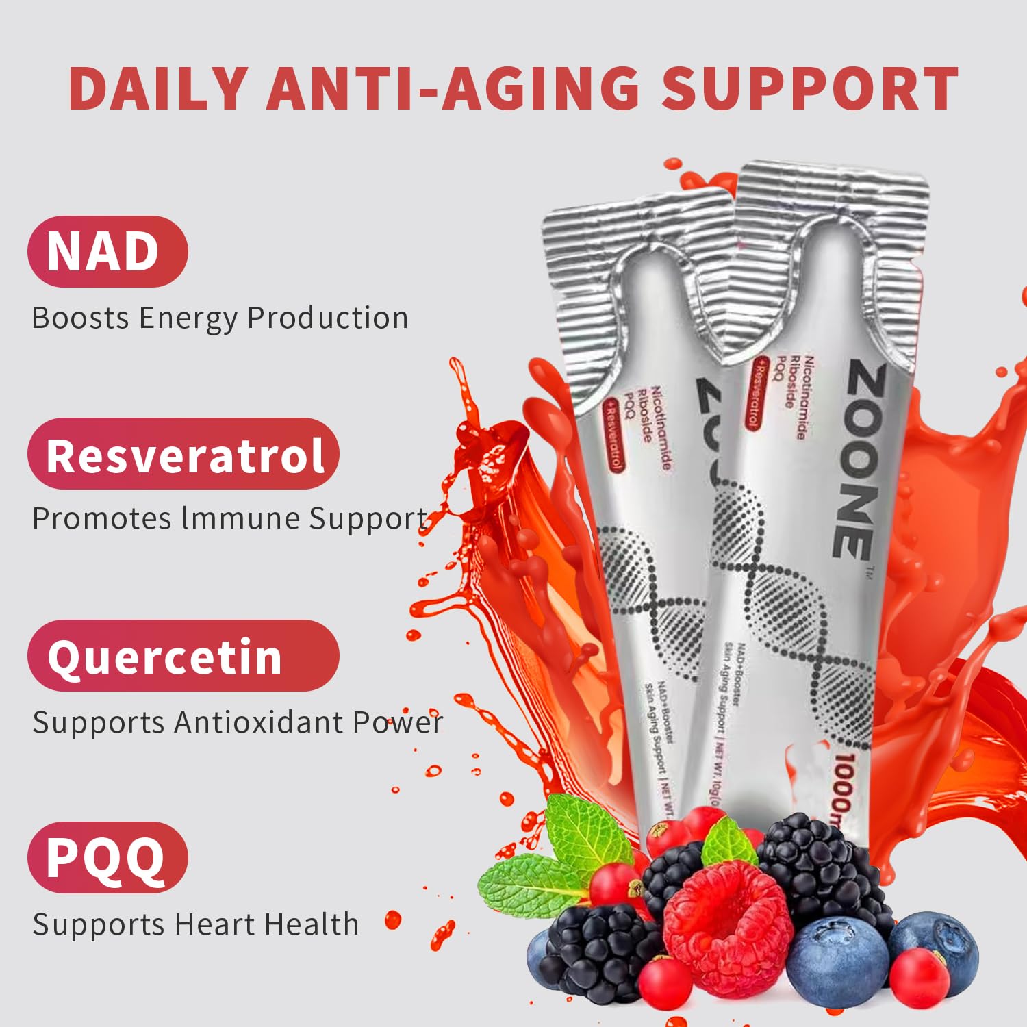 Zoone NAD Resveratrol Supplement, NAD+ Liquid Supplement 1000mg, with Nicotinamide Riboside, Resveratrol & PQQ, NAD Supplements for Men & Women, Healthy Aging & Boosts Cellular Energy – 30 Packs ZooneAu supplements