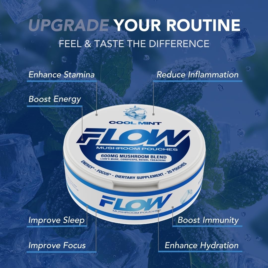 Flow Pouches Mushroom Nootropic Pouches - 600mg Organic Mushroom Energy Ultra Pouches with Lion's Mane, Reishi, Cordyceps for Focus & Clean Energy - Zero Caffeine or Sugar (5 Can Pack, Cool Mint) Flow PouchesAu supplements