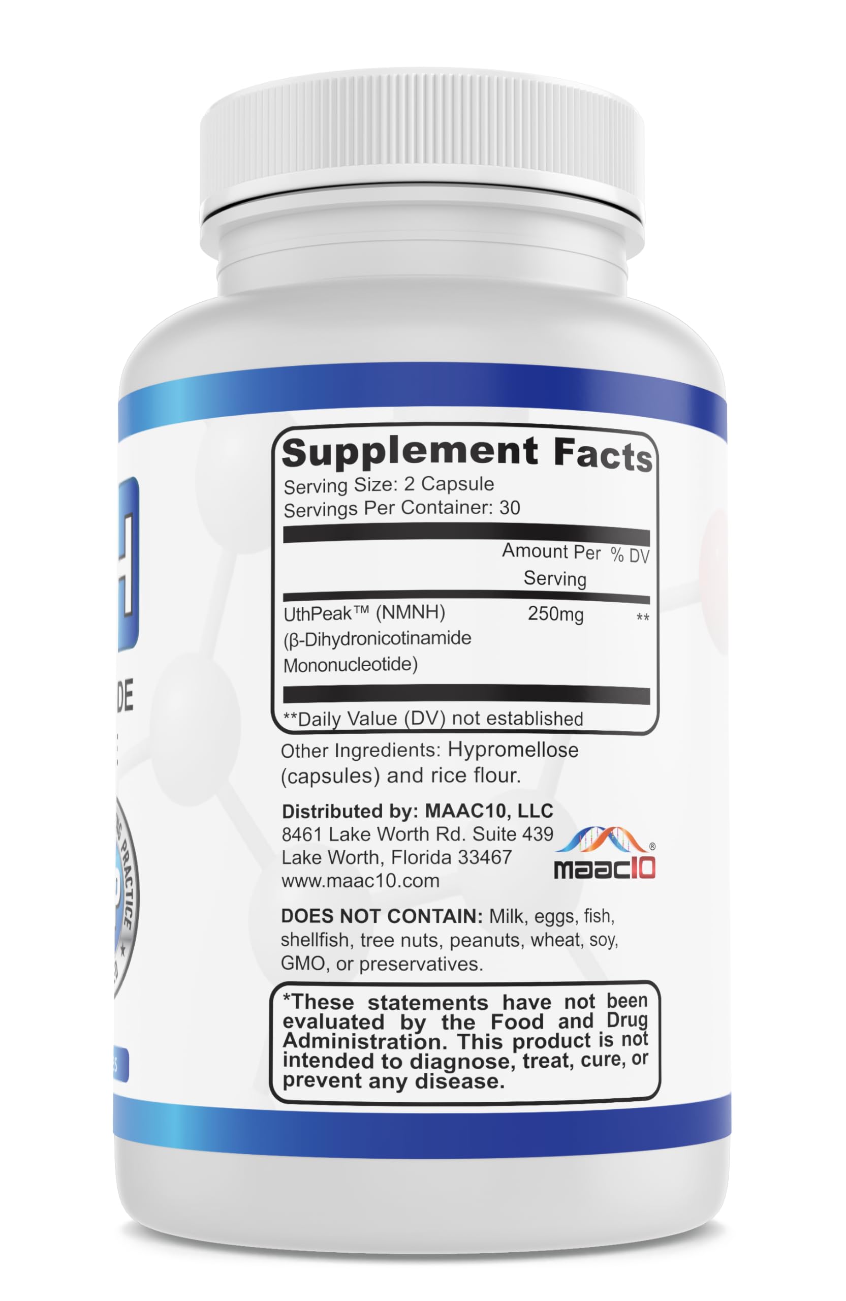 MAAC10 NMNH (NMN Supplement Alternative) 250mg Serving | Uthpeak™ NMNH (Dihydronicotinamide Mononucleotide) for Better Stability | 30-Day Supply. MAAC10Au supplements