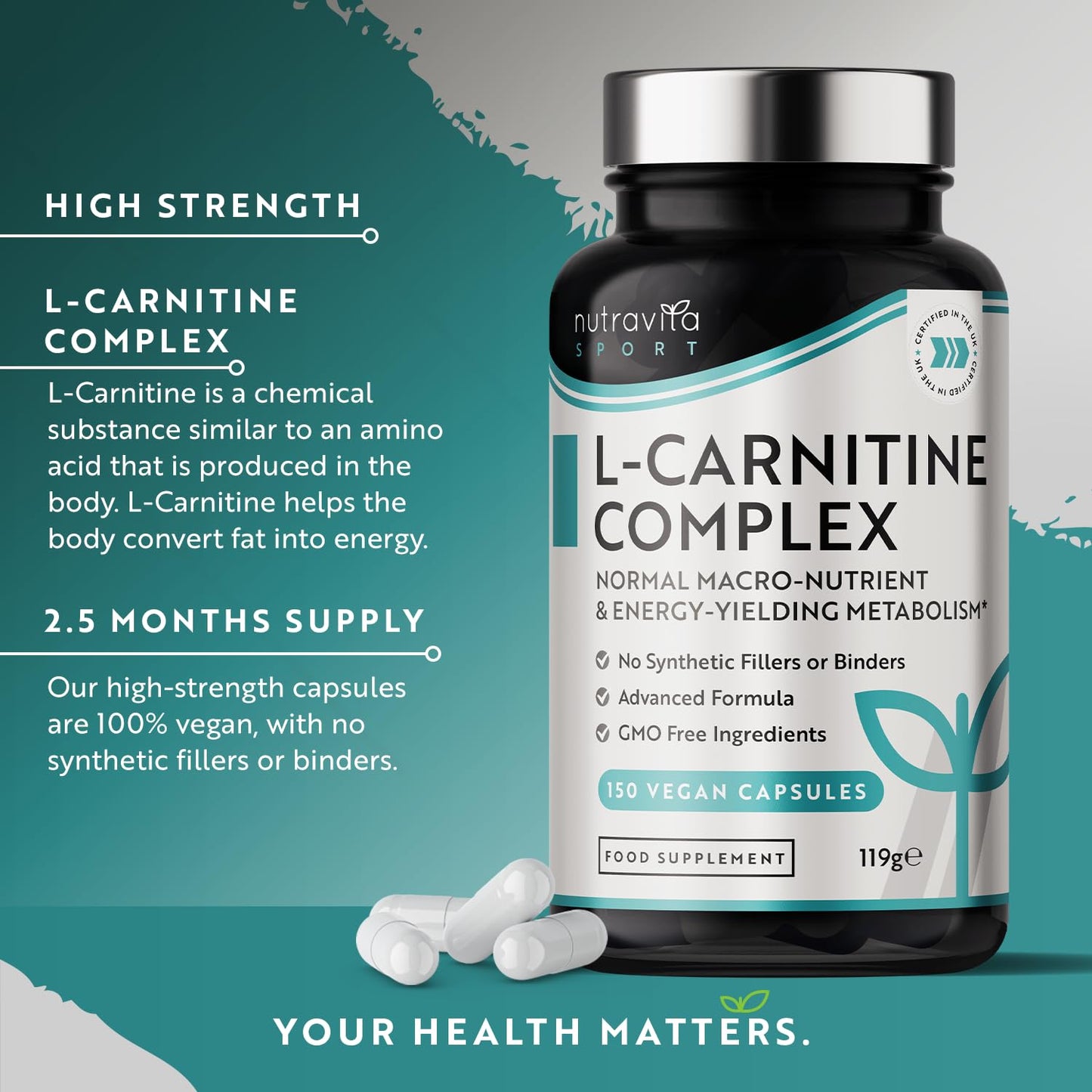 L-Carnitine Complex - High Strength Capsules with Added Riboflavin, Biotin, Chromium NutravitaUS supplements