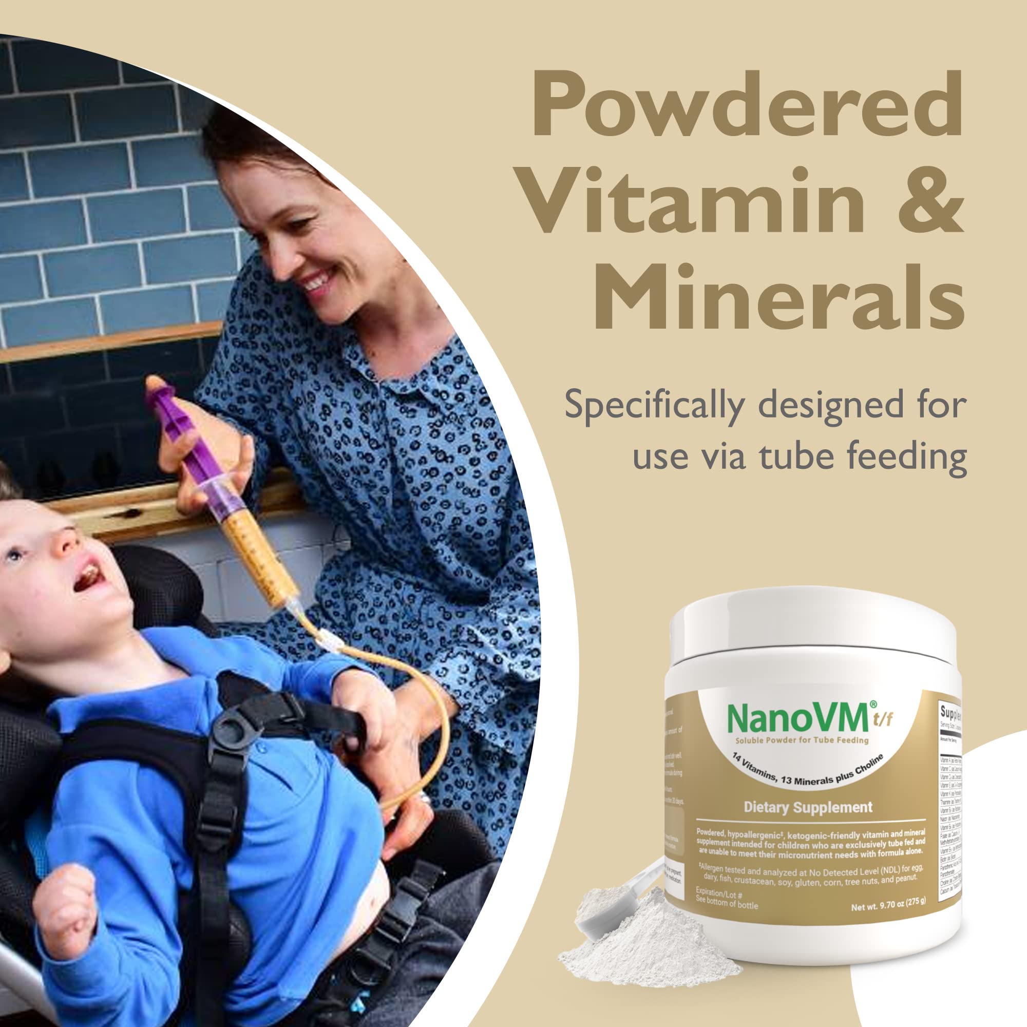 NanoVM t/f, Dietary Supplement for Tube Feeding, Allergen-Free Kids Multivitamin, Unflavored Vitamin Powder with 14 Vitamins & 13 Minerals, Low-Carb Kids Vitamins, 275g - Solace Nutrition NanoVMAu supplements