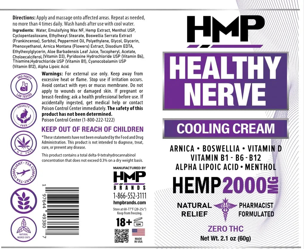 HMP BRANDS Neuropathy Cream Nerve Hemp Cream 2000mg Maximum Strength for Feet, Hands, Legs, Toes, Back. Natural Arnica, Vitamin D3 B1 B6 B12 w Menthol, Made in USA 2.1oz HMP BRANDSAu supplements
