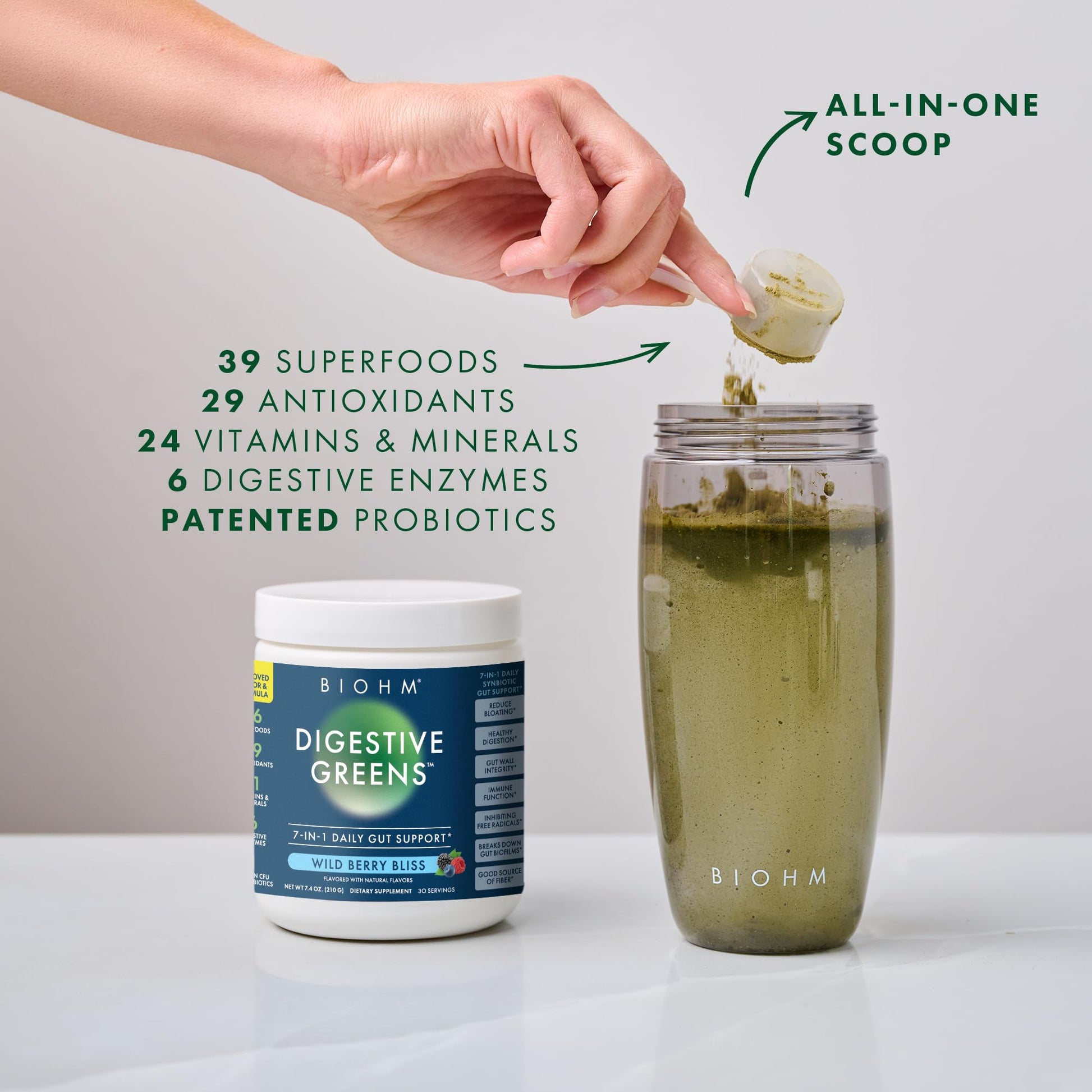 BIOHM Digestive Greens, Green Superfood Powder (7.4 Oz, 30 Servings) Immune & Gut Health Support with Antioxidants, Vitamins, Probiotics & Enzymes, Good Source of Fiber, Berry Flavor BIOHMAu supplements