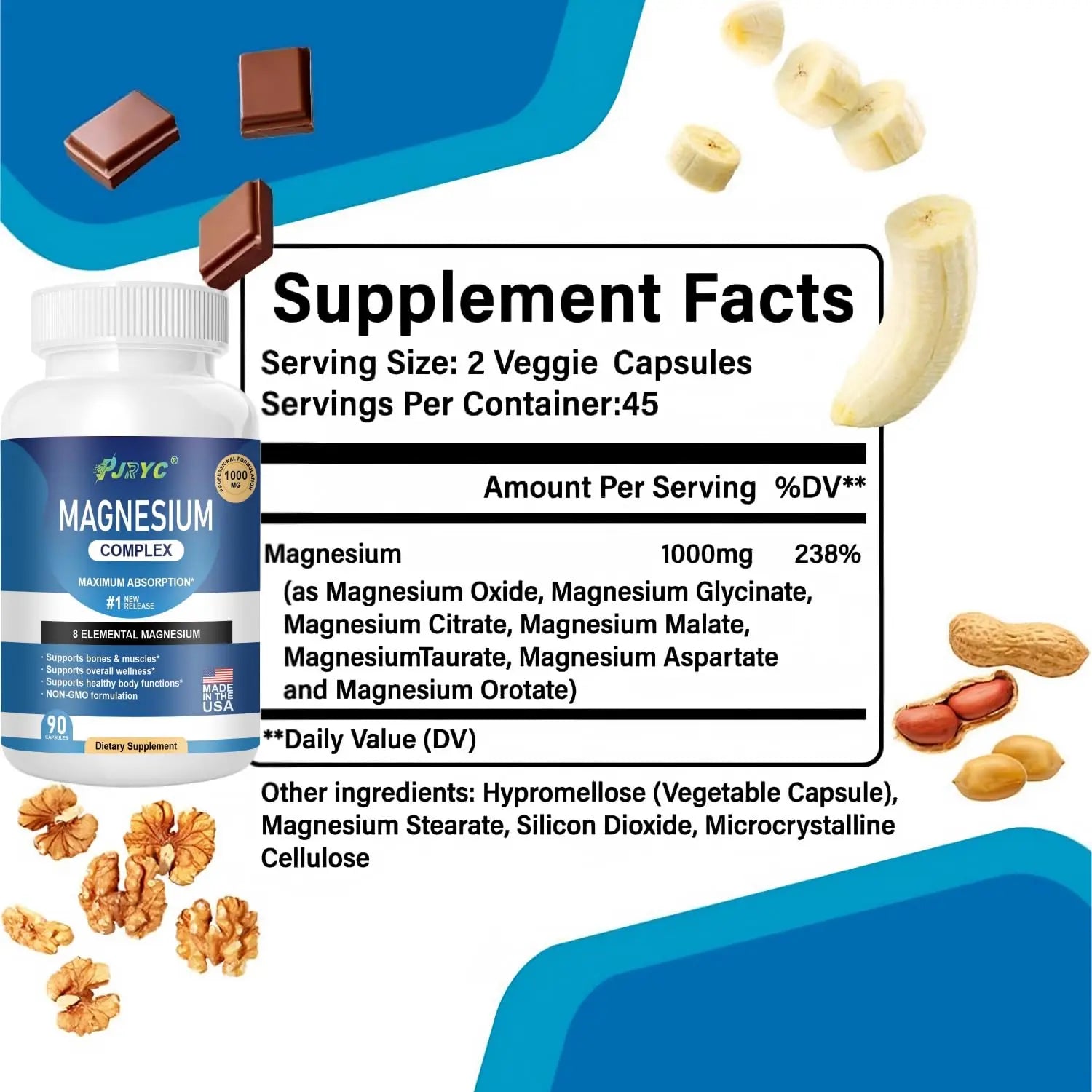 Magnesium Complex Supplement - 1000mg with 8 Magnesium Forms: Glycinate, Citrate, Malate, Taurate & Orotate - Supports Muscle Function, Bone Strength & Relaxation - Vegan, Non-GMO - 180 Capsules PJRYCnz supplements