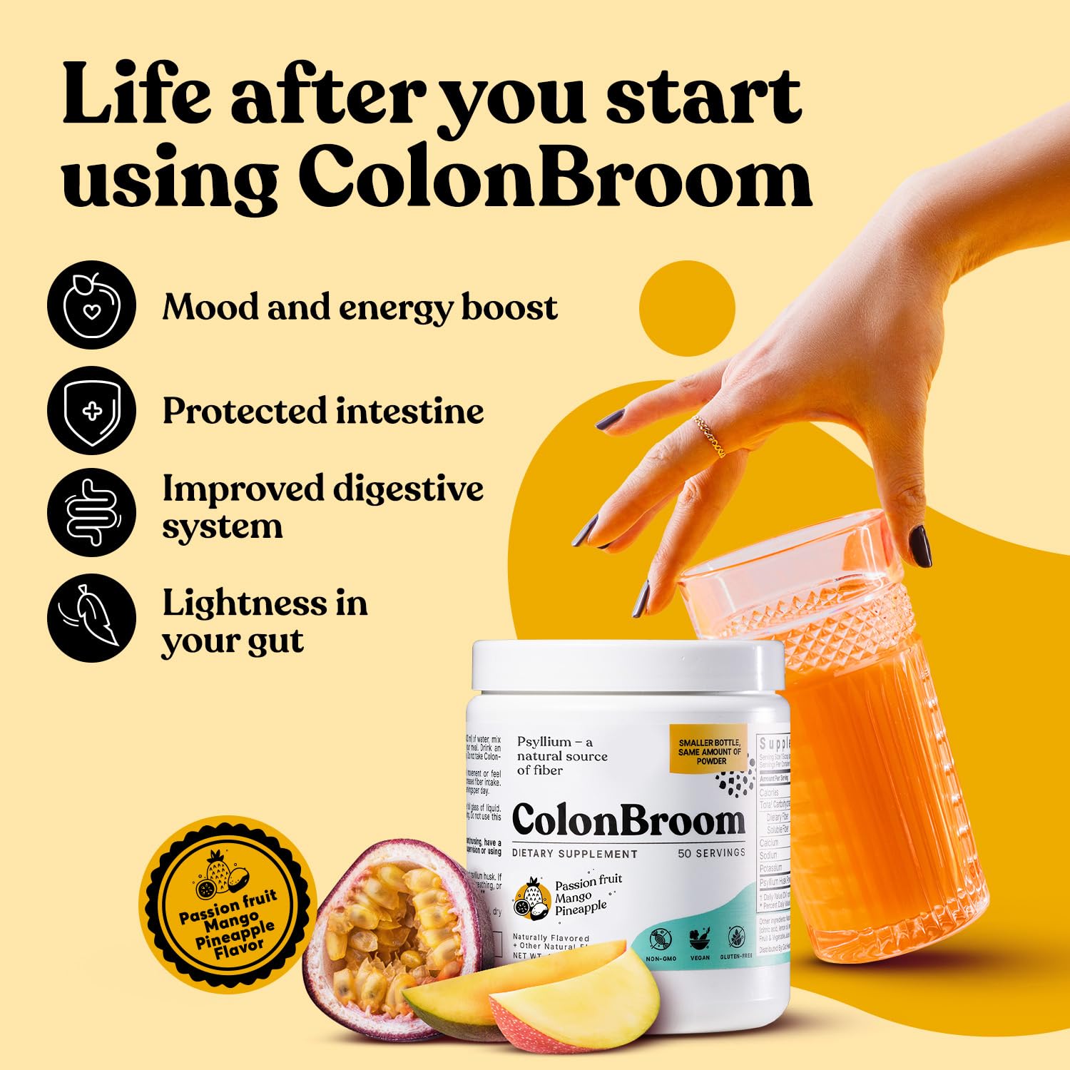 ColonBroom Psyllium Husk Powder with Stevia (Tropical Fruits) - Colon Cleanse for Bloating Relief & Gut Health - Colon Broom Fiber Powder Drink - Vegan Fiber Powder Stevia Supplement, 50 Servings ColonBroomAu supplements