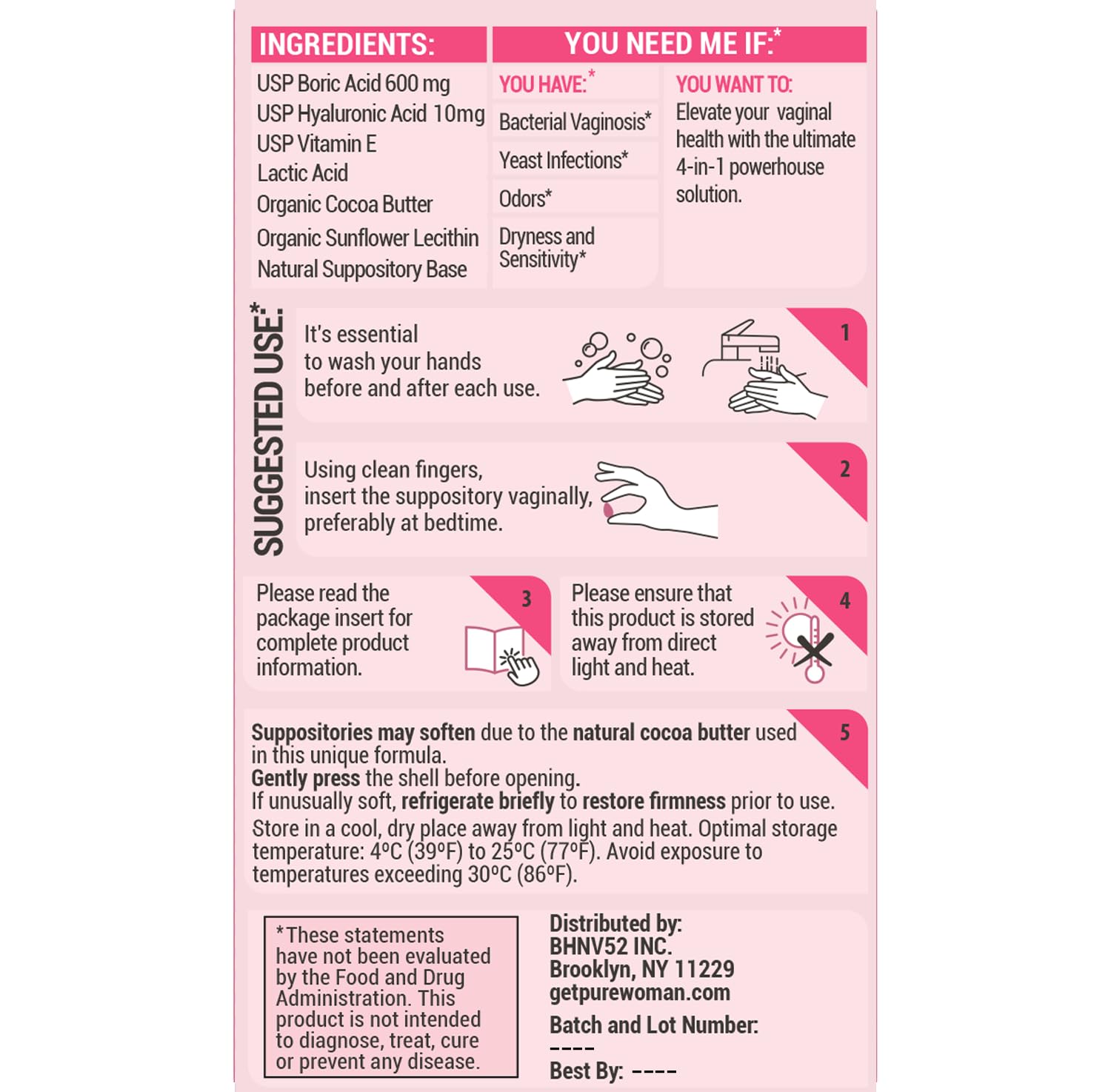 PURE WOMAN - pH-ighter Vaginal Boric Acid Suppositories for Women - Hyaluronic Acid - 4 in 1 Vaginal Suppositories for Discomfort, Dryness, Odor & pH Balance- Full Vaginal Health Care - 7pk PURE WOMANUS supplements