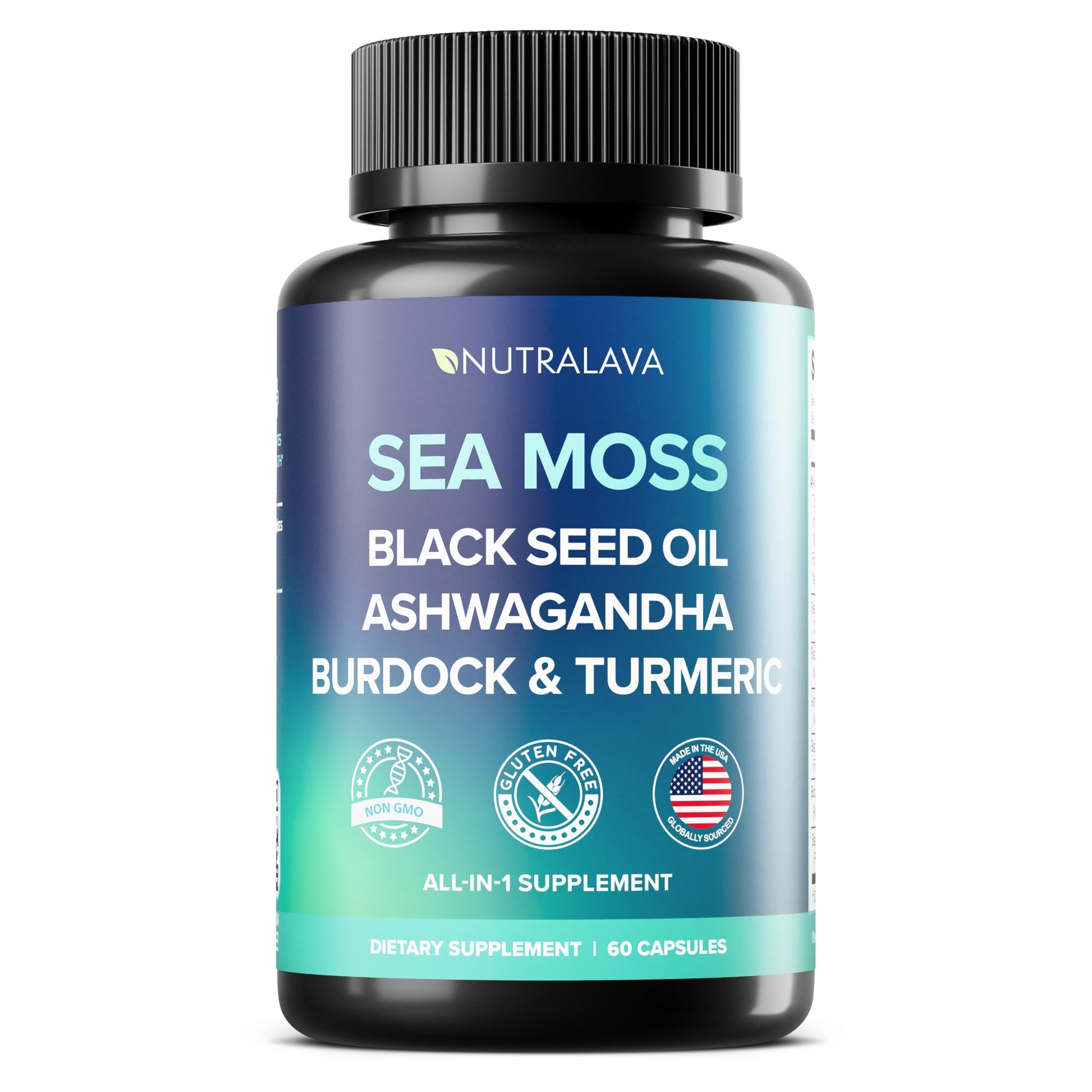 NUTRALAVA Sea Moss Pills, All-in-One Blend with Irish Sea Moss Black Seed Oil Ashwagandha, Sea Moss Capsules for Women and Men - Gluten-Free, Non-GMO, 60 Capsules NUTRALAVAAu supplements