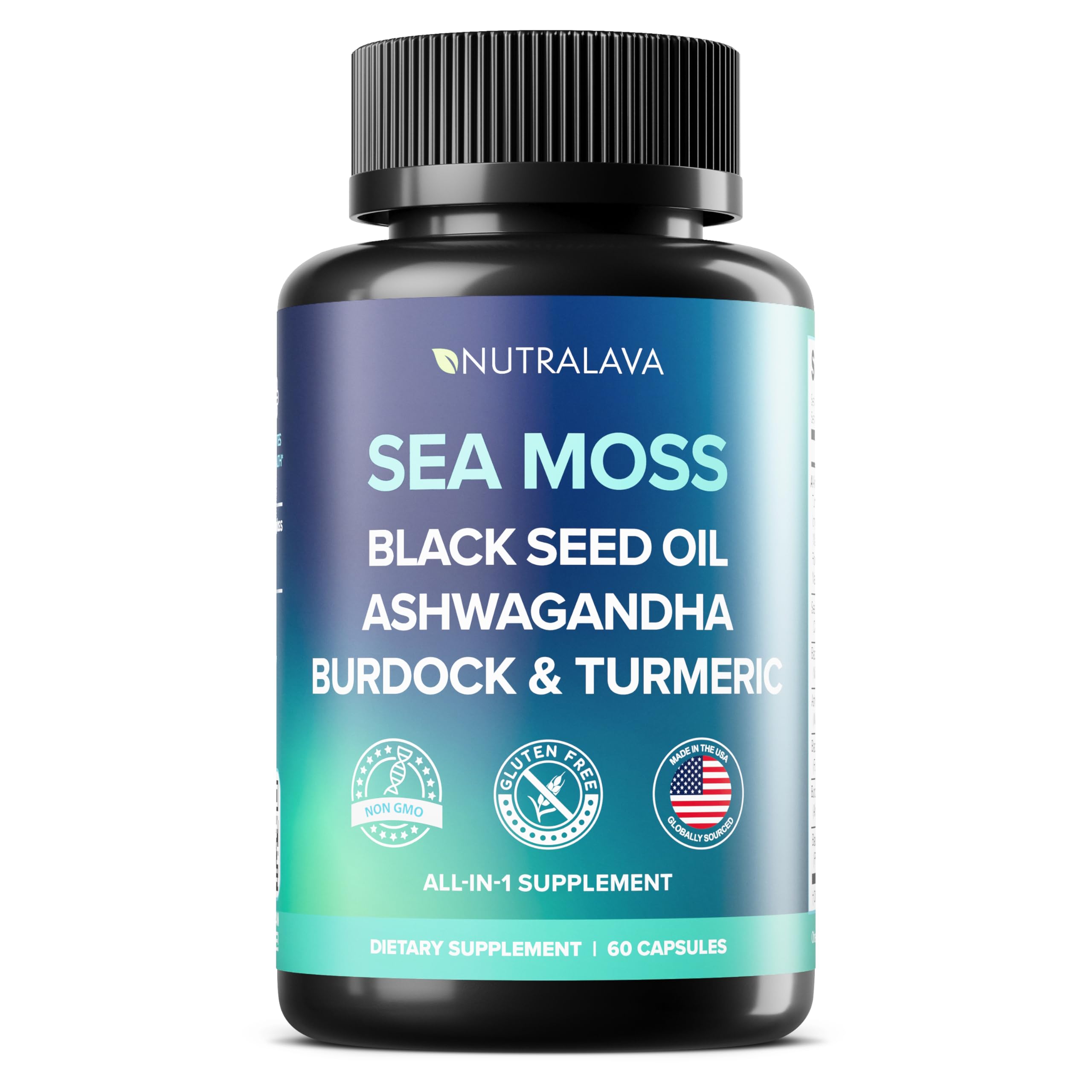 NUTRALAVA Sea Moss Pills, All-in-One Blend with Irish Sea Moss Black Seed Oil Ashwagandha, Sea Moss Capsules for Women and Men - Gluten-Free, Non-GMO, 60 Capsules NUTRALAVAAu supplements