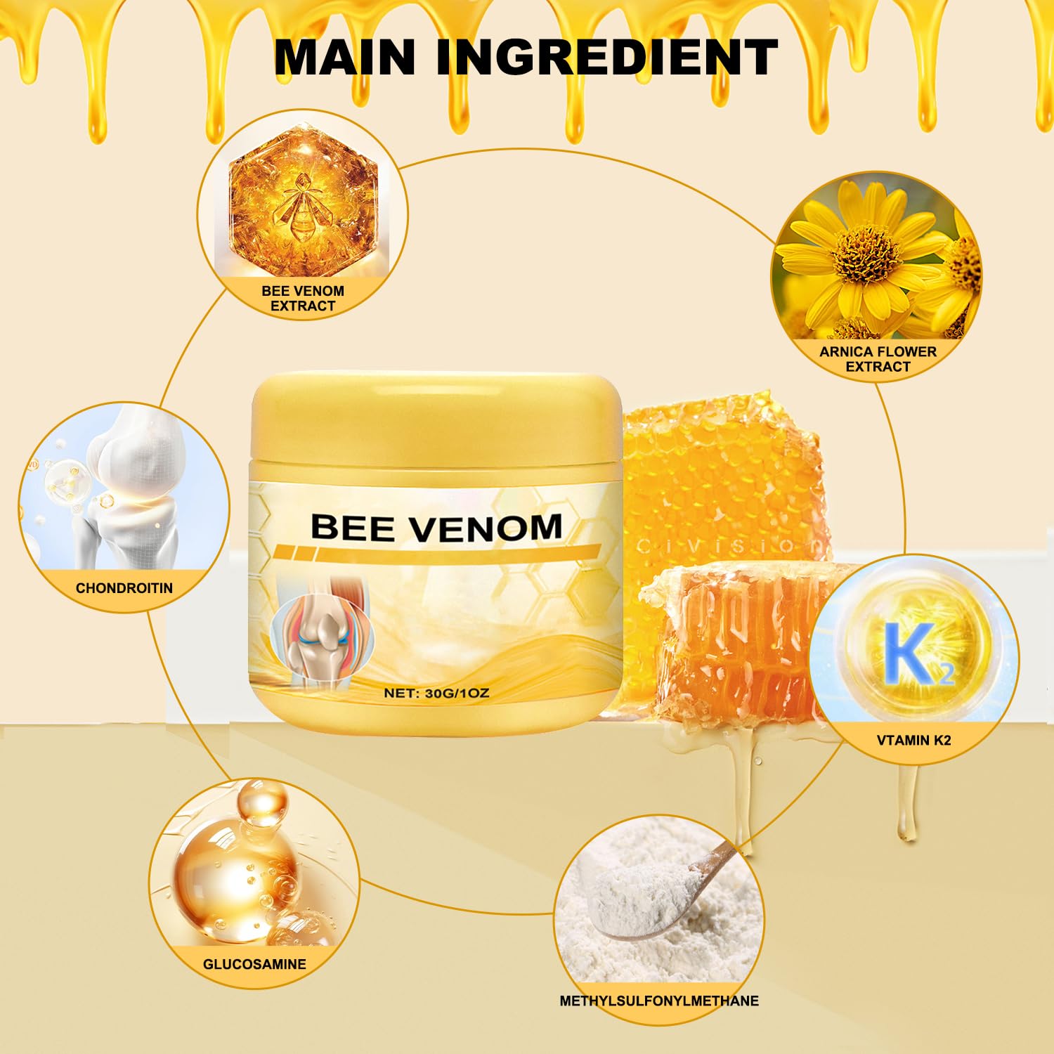 Botou 2PCS New Bee Venom Professional Joint Cream, for Neck, Waist, Back, Hands, Feet and Legs Advanced Bee Propolis Joint Cream, yellow BotouAu supplements