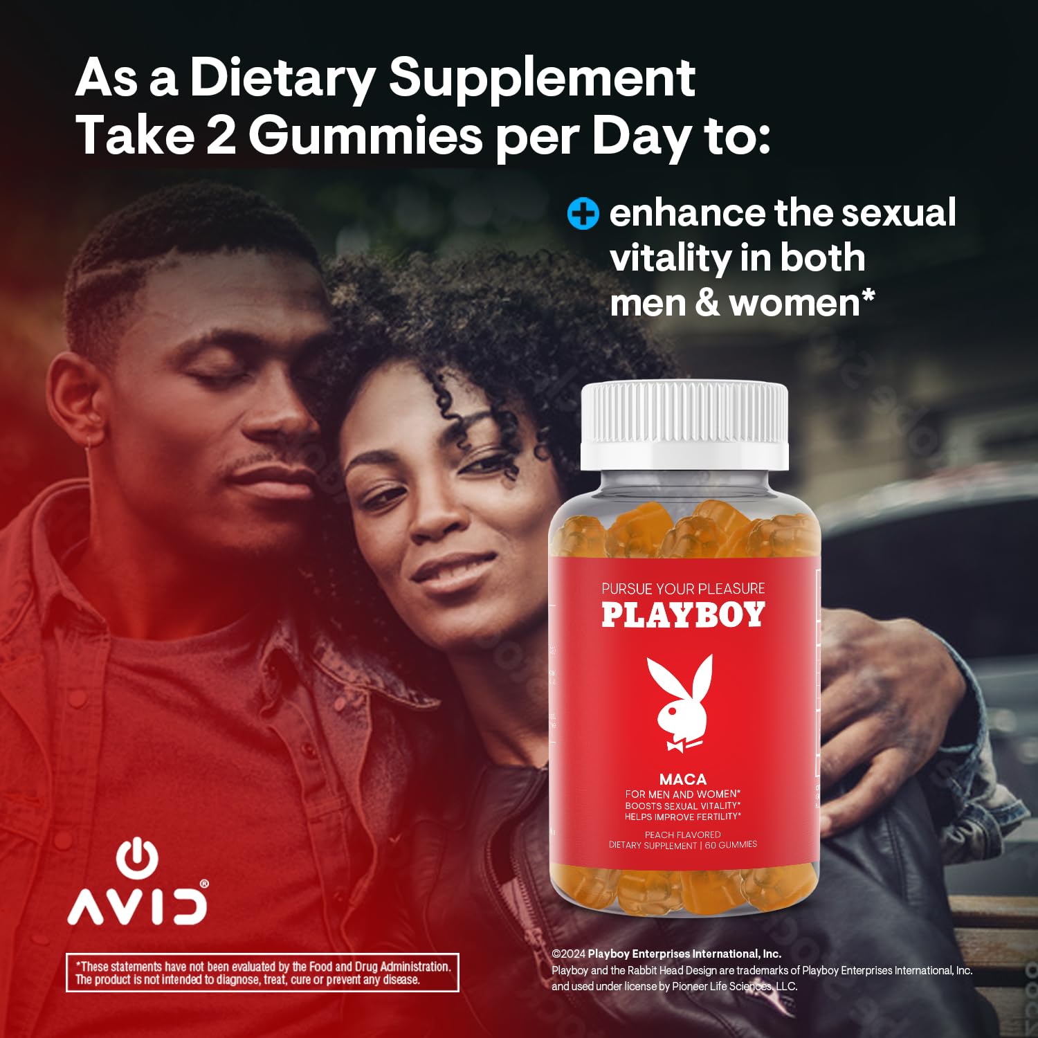 Playboy - Maca Root Gummies for Women and Men (60 Count - Peach Flavored) - Boost Sexual Vitality, Libido, Fertility - Supplement - 100% Natural, Vegan Non GMO - 4:1 Extract Maca Peruana AvidAu supplements