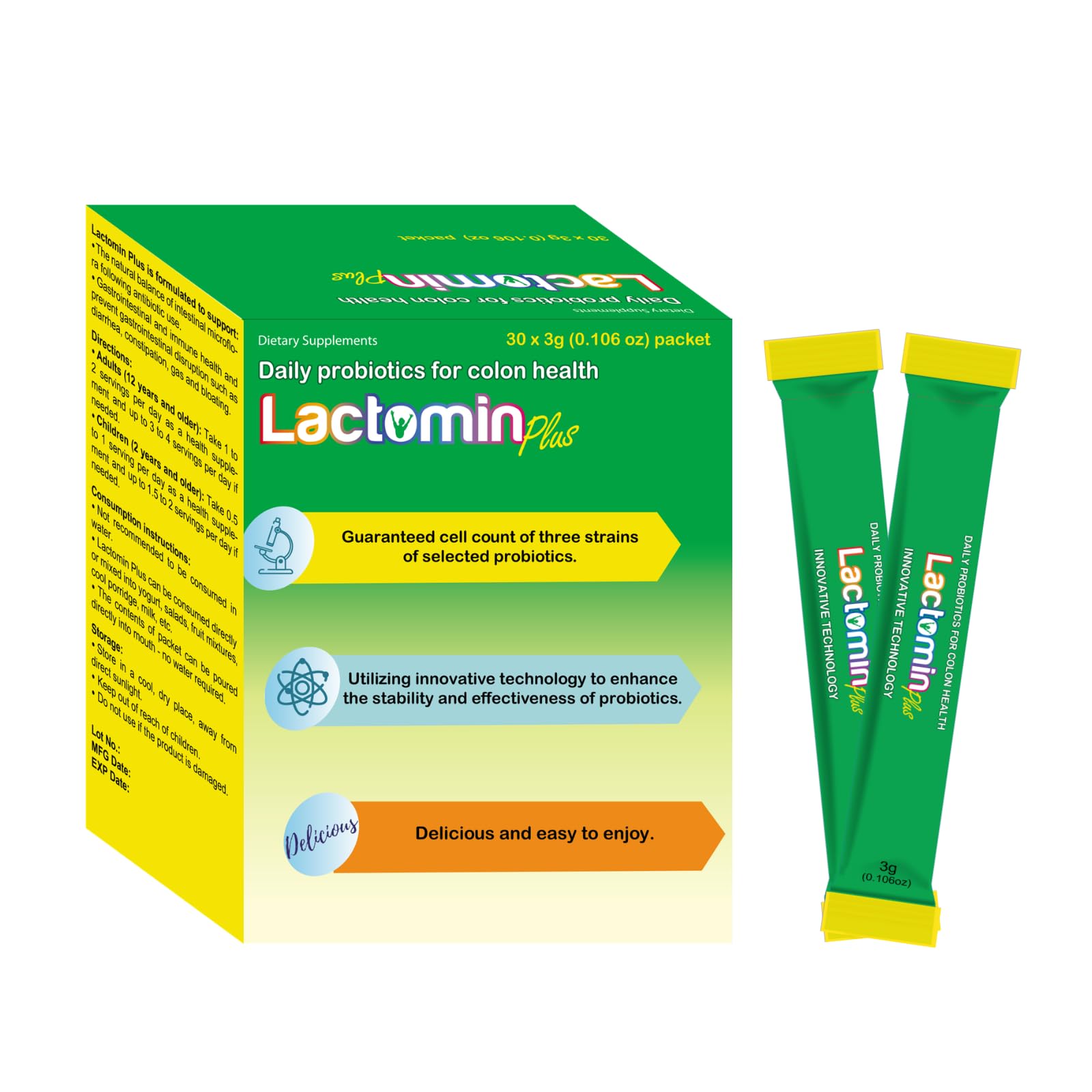 Probiotics - LactominPlus-3 Probiotics Strains - Powder - Sweet Yogurt Flavor - 30 Sticks x 3g (1month), 1.5 Billion CFU, with Prebiotics(FOS), Constipation & Bloating Relief, Microencapsulated LactominAu supplements