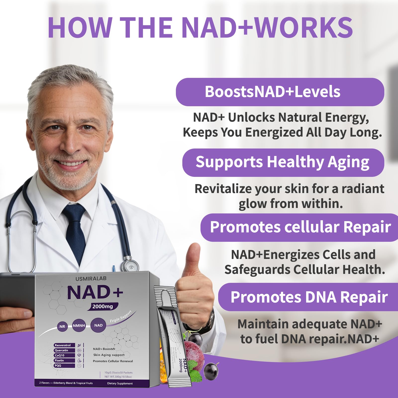 NAD+ Supplement Packets | 1000mg Liquid | Advanced Nicotinamide Riboside, Trans-Resveratrol, PQQ & Quercetin Complex for Cellular Energy & Healthy Aging Support - 2 Flavors (30 Count) USMIRALABAu supplements