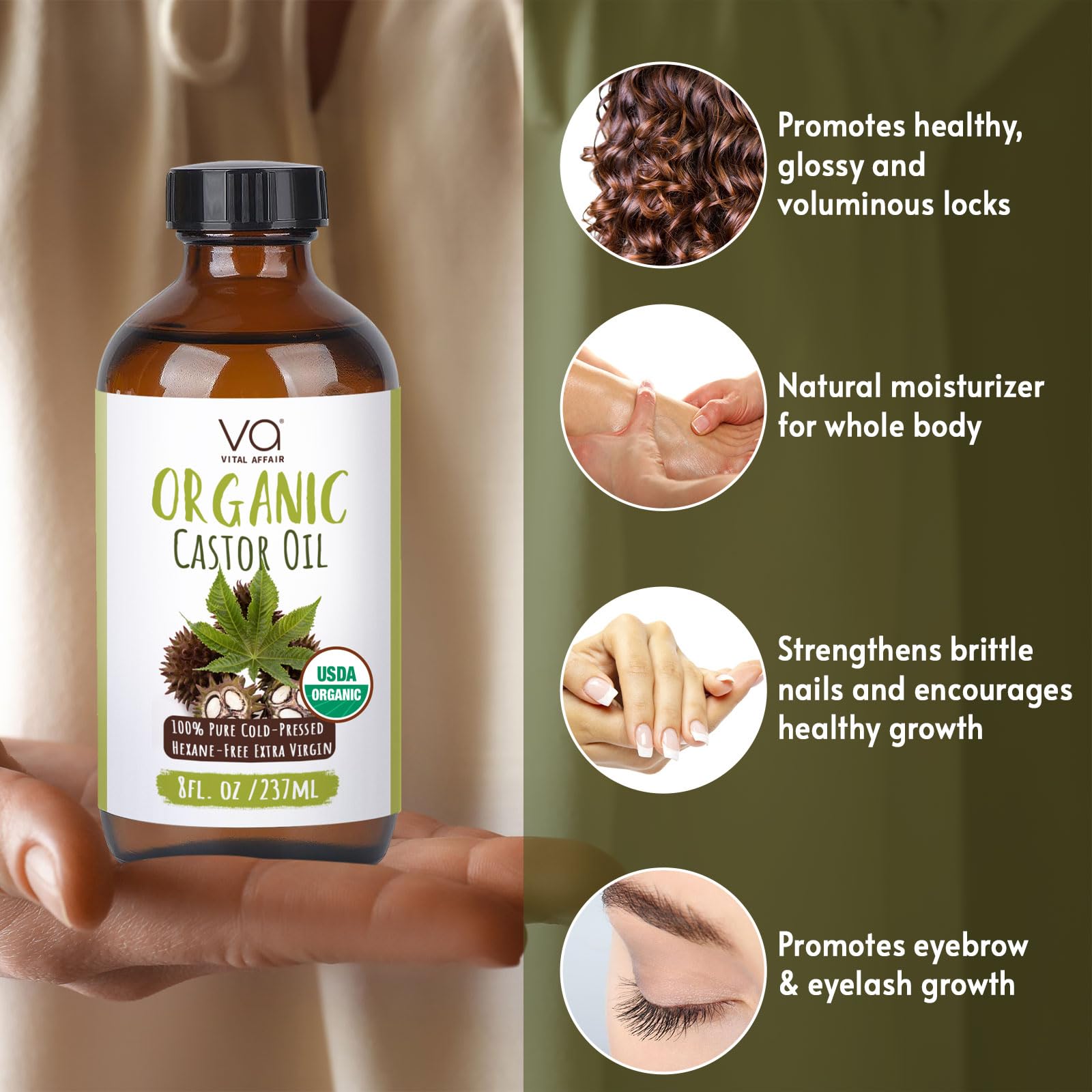 VITAL AFFAIR Castor Oil Organic Cold Pressed Unrefined Glass Bottle- USDA Certified Organic Castor Oil VITAL AFFAIRAu supplements