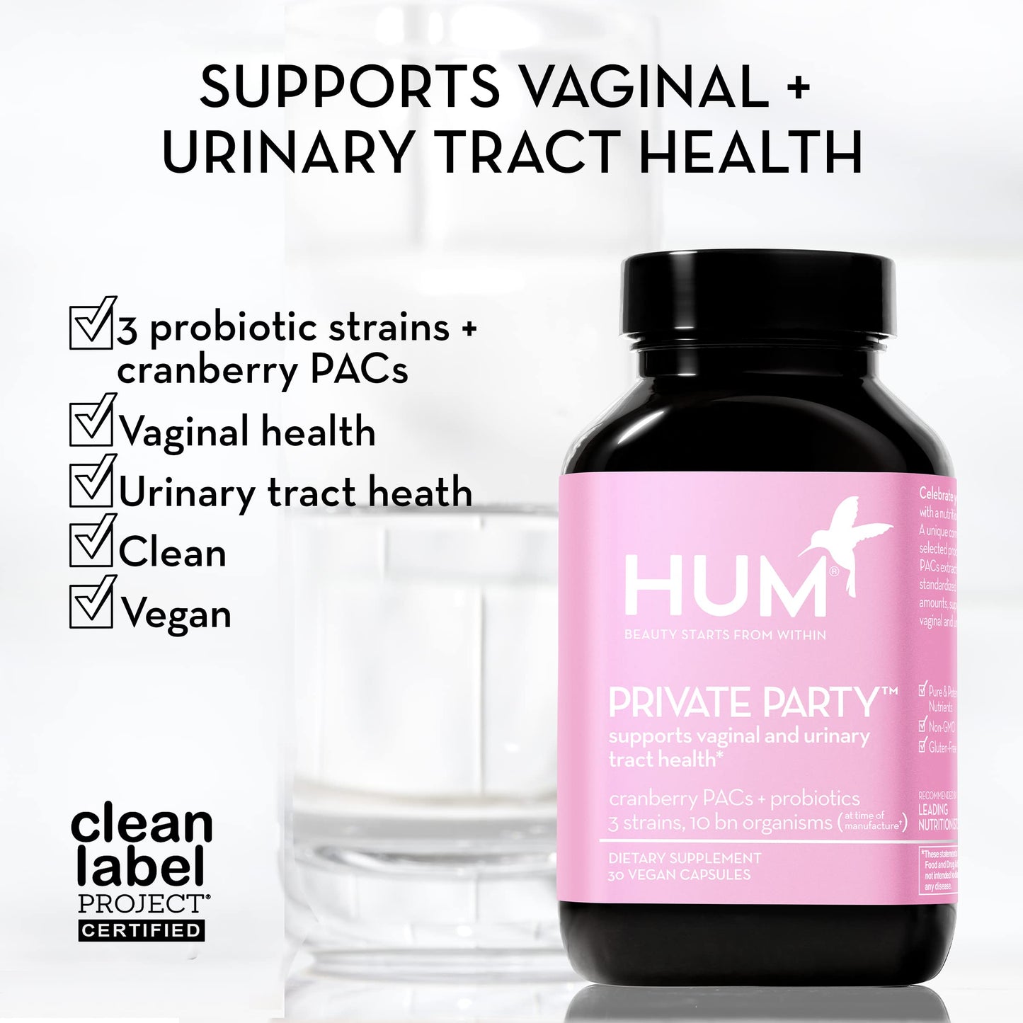 HUM Private Party Vaginal Probiotics for Women, pH Balance and Urinary Tract Support Vaginal Probiotic Supplement with Cranberry & Lactobacillus Blend, Women's Health Cranberry Pills, 90 Capsules HUMUS supplements