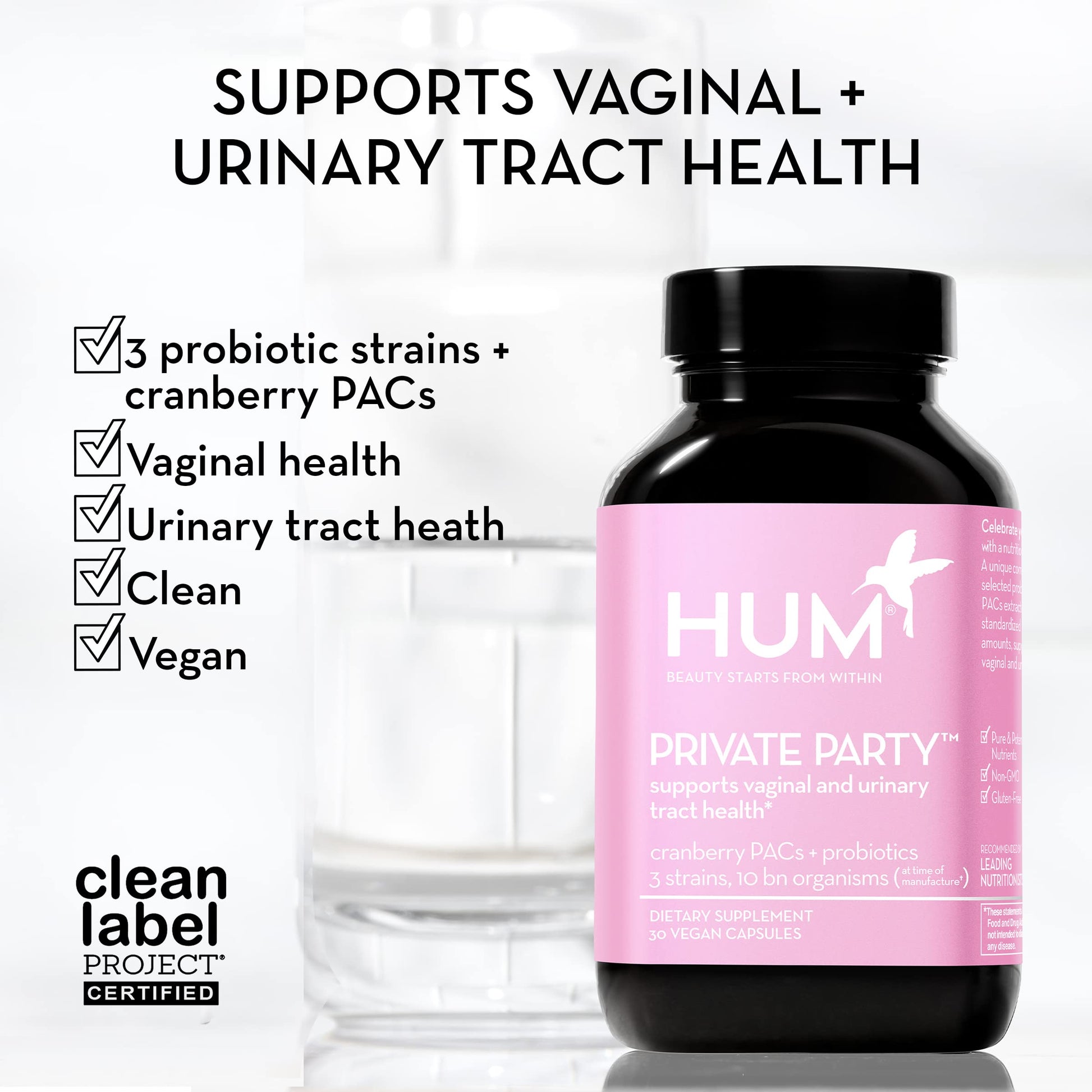 HUM Private Party Vaginal Probiotics for Women, pH Balance and Urinary Tract Support Vaginal Probiotic Supplement with Cranberry & Lactobacillus Blend, Women's Health Cranberry Pills, 90 Capsules HUMUS supplements