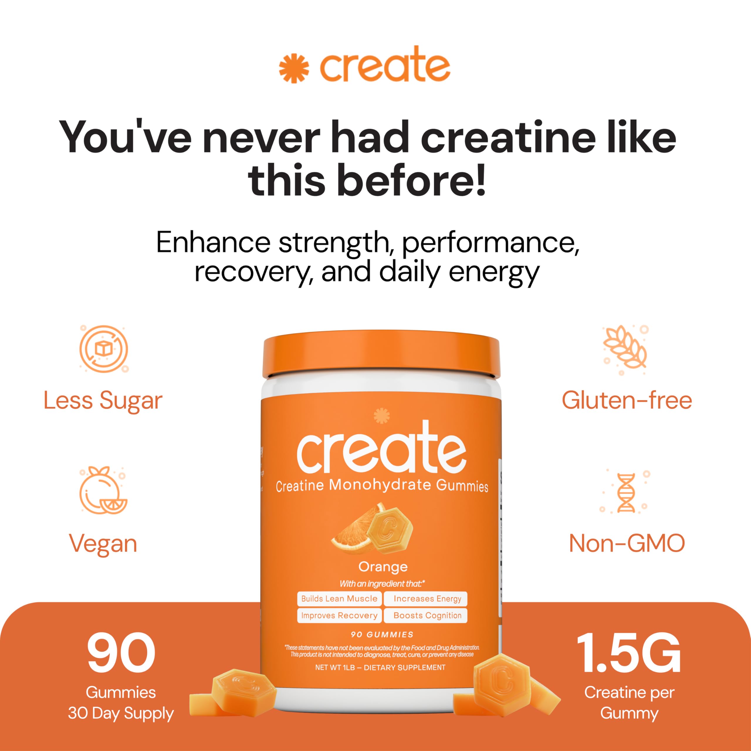 Create Creatine Monohydrate Gummies for Men & Women, Boost Focus, Strength, and Endurance, Anti-Melting Formula, Vegan, Gluten-Free, Non-GMO, 1.5g of Creatine per Gummy (Orange) CreateAu supplements