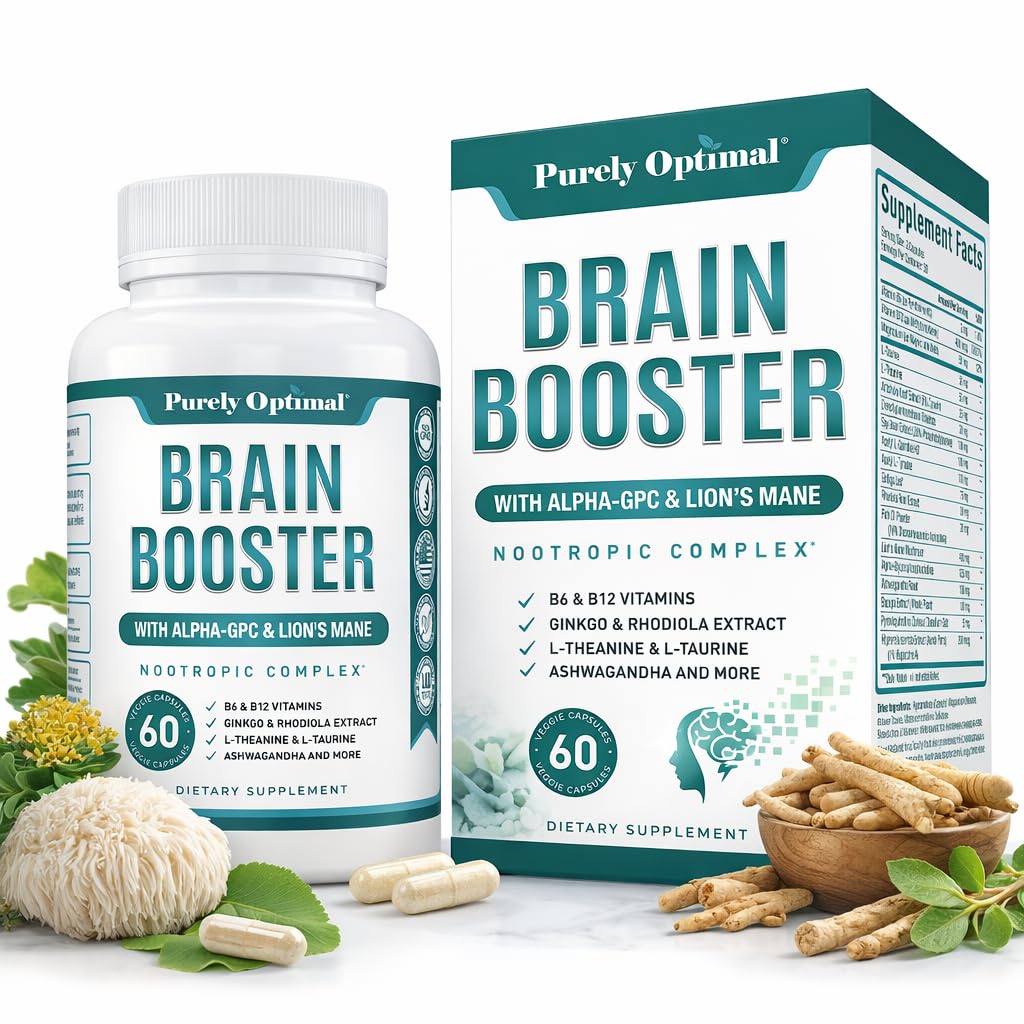 Purely Optimal Brain Booster Nootropic Supplement – Brain Support for Memory, Focus, Clarity, Jitter-Free Energy for Adults, Seniors– with Ginkgo Biloba, Alpha GPC, Lion’s Mane – 60 Capsules Purely OptimalAu supplements