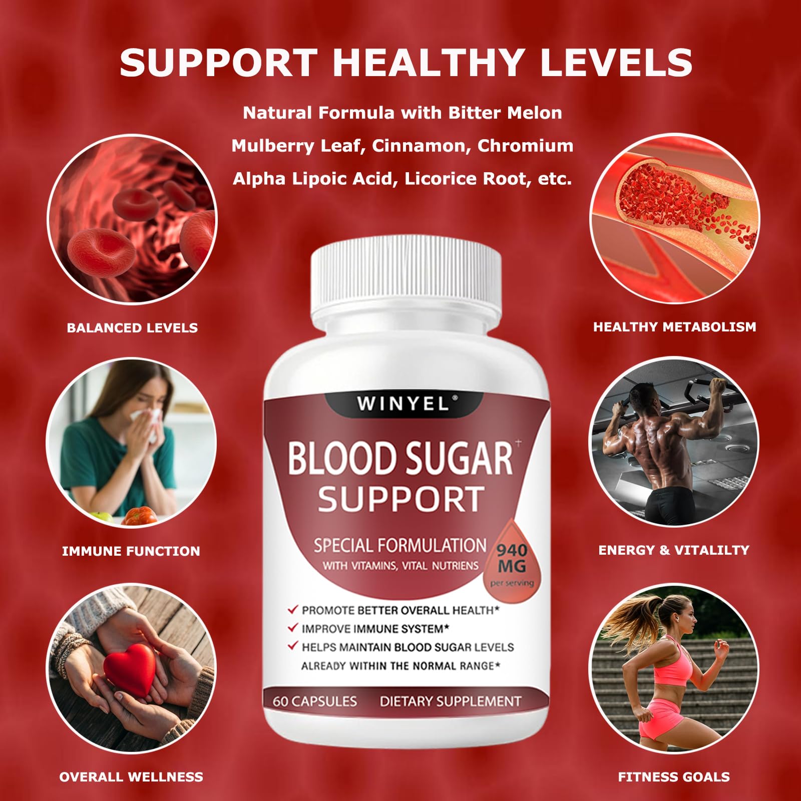 WINYEL Blood Sugar Complex Supplement - with Cinnamon, Bitter Melon, Chromium, Mulberry, Alpha Lipoic Acid, 60 Capsules WINYELAu supplements