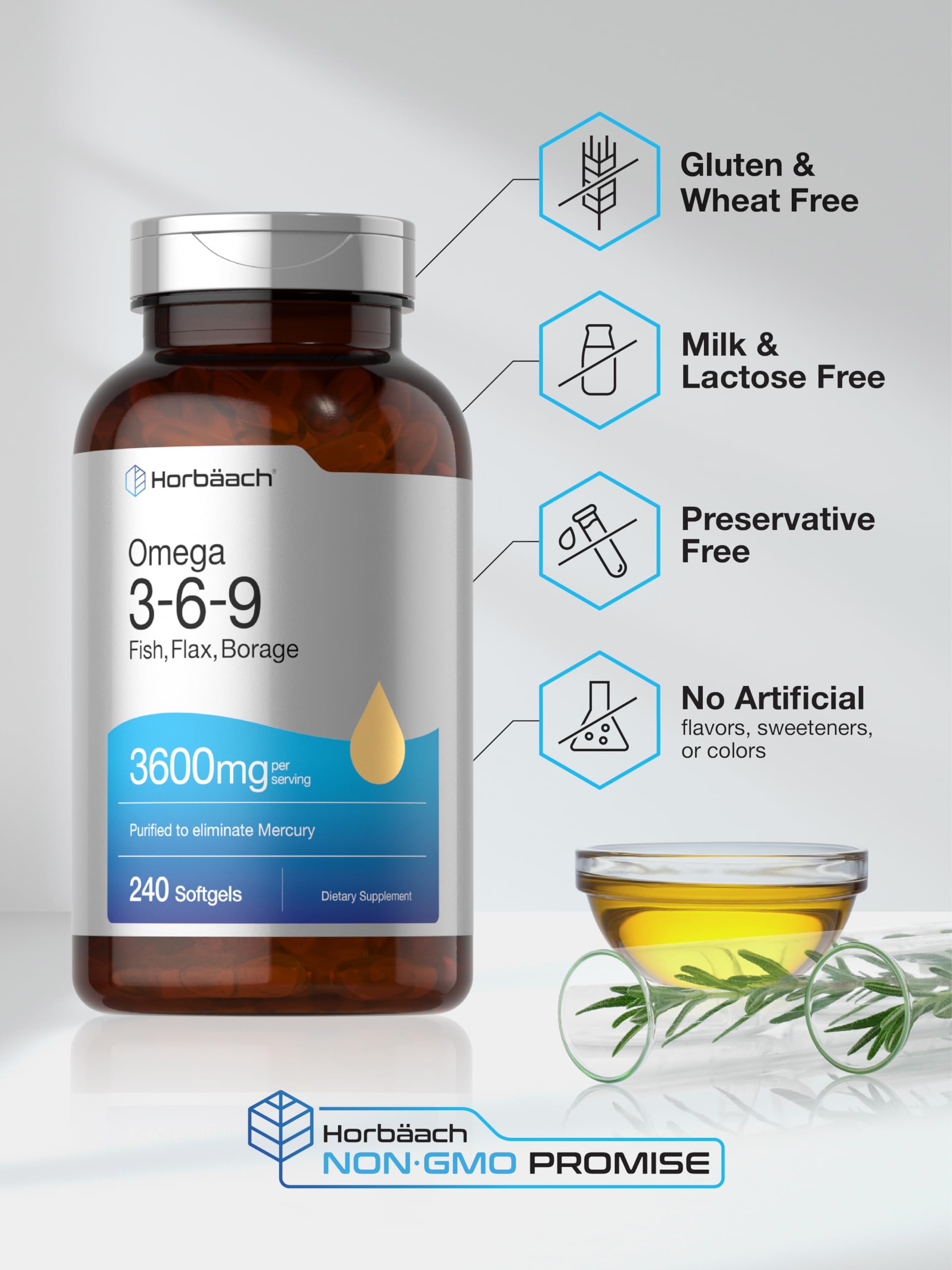 Triple Omega 3-6-9 240 Softgels | from Fish, Flaxseed, Borage Oils | Non-GMO & Gluten HorbäachAu supplements