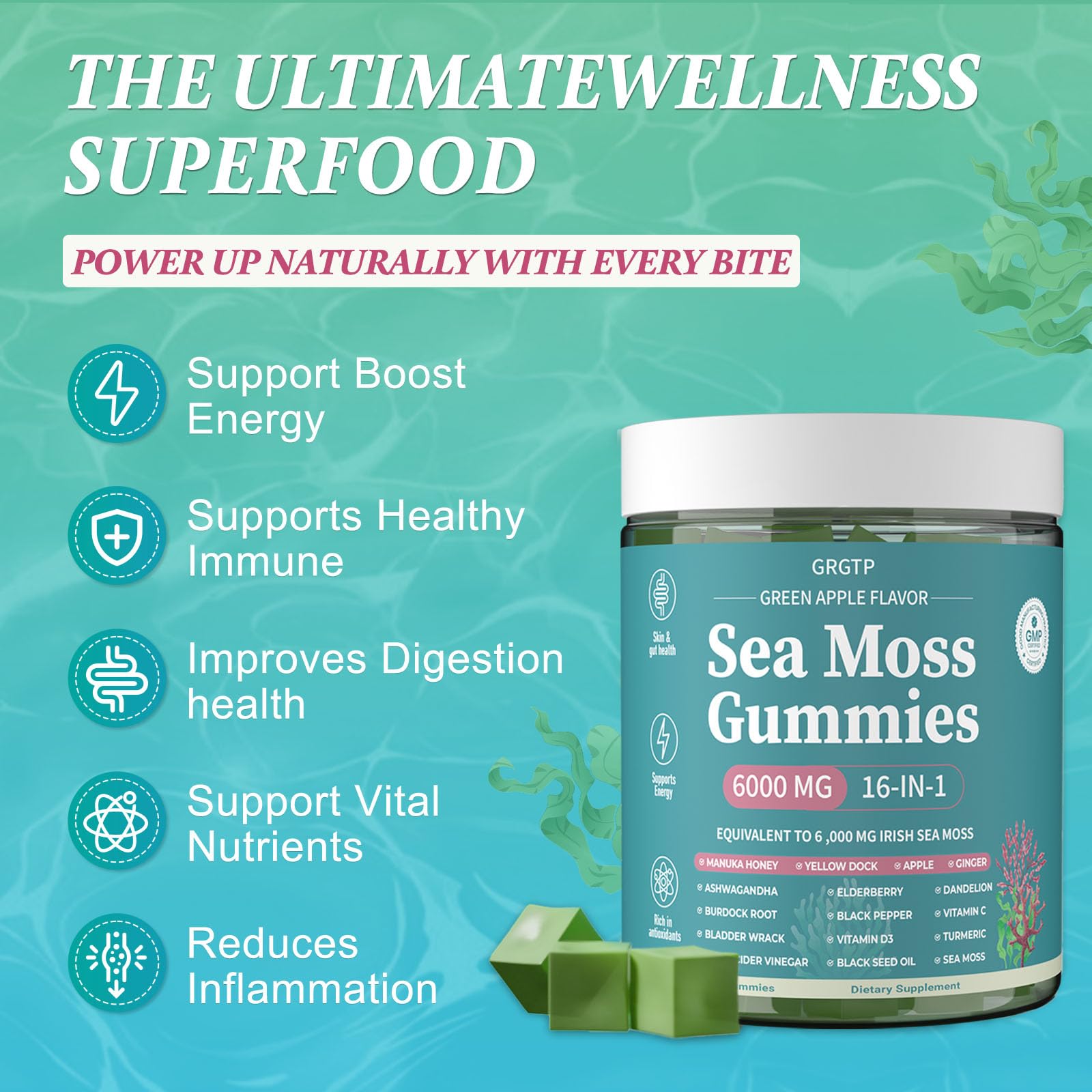 Sea Moss Gummies 16-in-1 - Ashwagandha Black Seed Oil Bladder Wrack Turmeric Vitamin C & D3 with Manuka Burdock Root Dandelion Yellow Dock Natural Detox & Liver Health Immune Support, Energy Boost GRGTPAu supplements