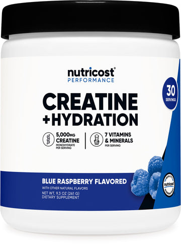 Nutricost Creatine Monohydrate + Hydration Blue Raspberry Flavored (30 Servings) - 7 Vitamins & Minerals, 5000mg of Creatine Per Serving NutricostAu supplements