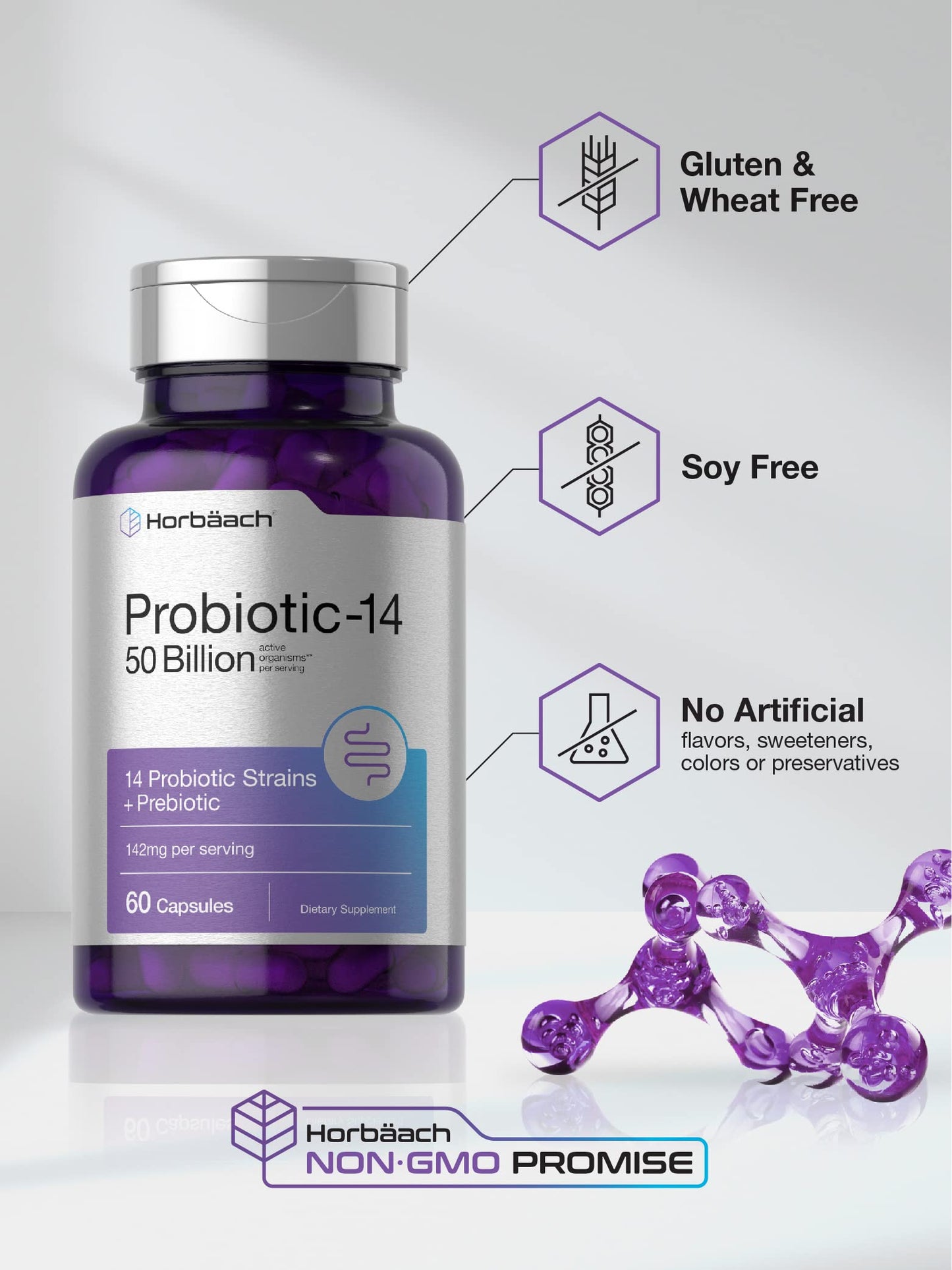 Horbäach Probiotics with Prebiotics | 60 Capsules | 50 Billion Active Organisms | Non-GMO HorbäachUS supplements