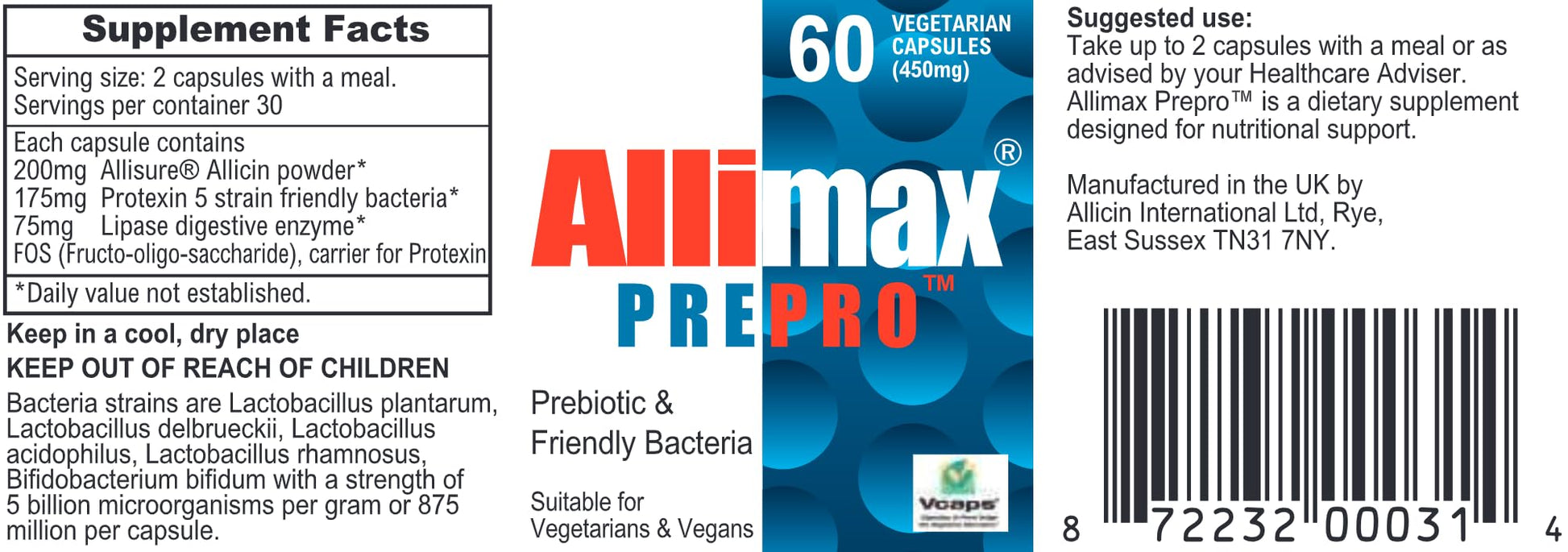 ALLIMAX Pre Pro - 60 Caps. Stabilized allicin Plus prebiotics, probiotics and Digestive enzymes. ALLIMAXAu supplements