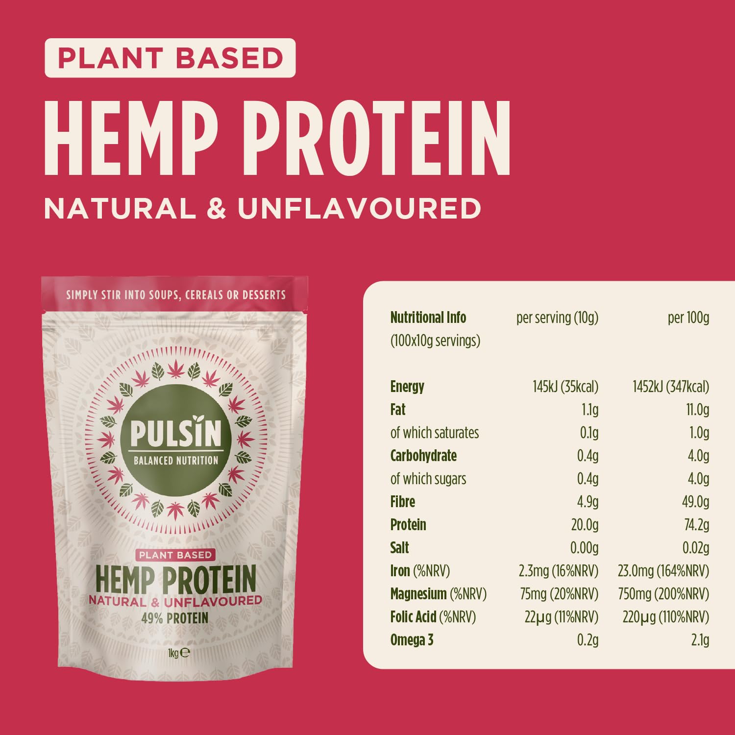 Pulsin - Natural Unflavoured Vegan Hemp Protein Powder - 1kg - 4.9g Protein, 0.4g Carbs, 35 Kcal Per Serving PulsinAu supplements