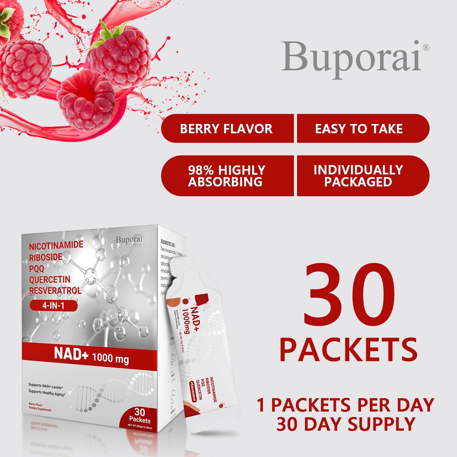 Buporai NAD Supplement 1000 mg Liquid Packets - NAD Supplements for Women & Men with Nicotinamide Riboside, Resveratrol, PQQ, Quercetin - NMNH Supplement Alternative for Anti-Aging, Energy-30 Packets BuporaiAu supplements