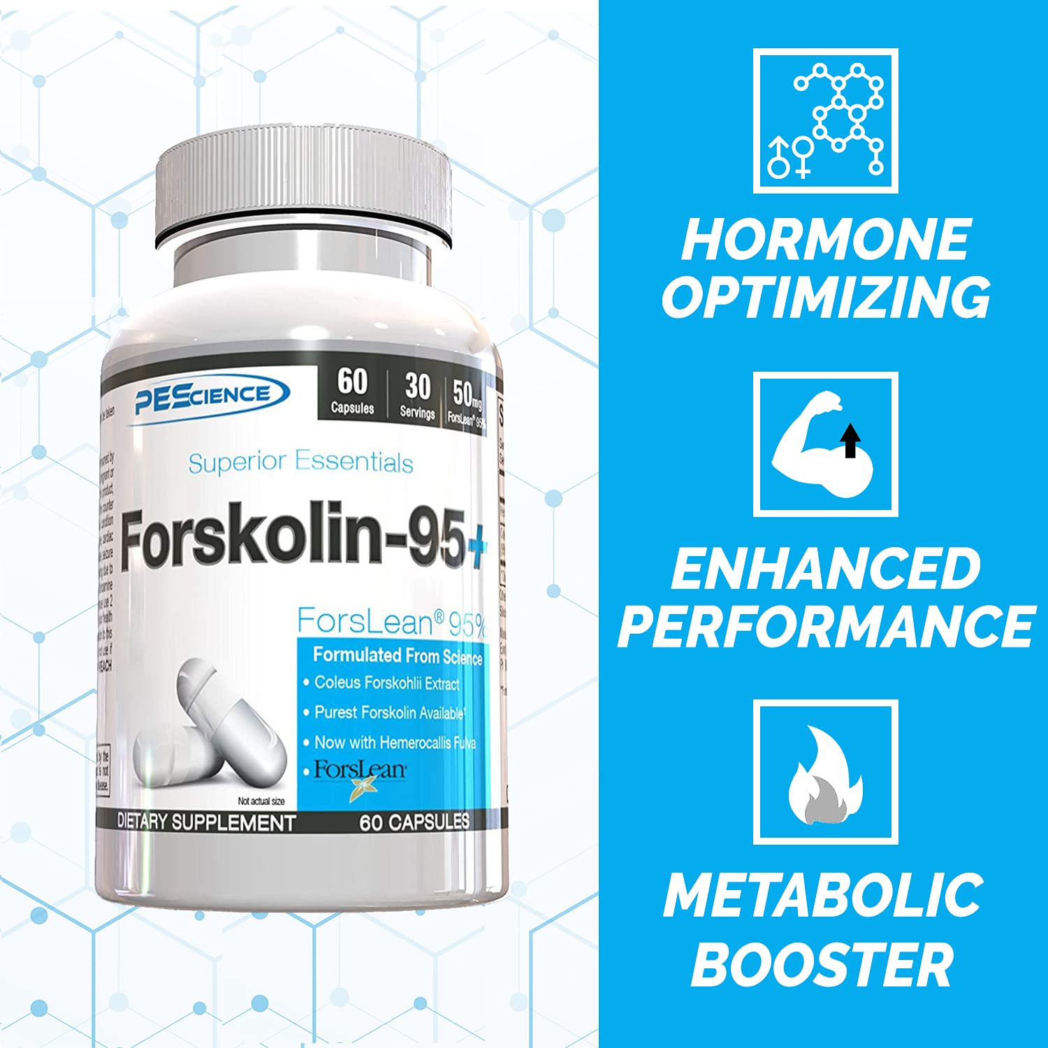 PEScience Forskolin-95+ Capsules, 95% Pure Forskolin from Coleus Forskohlii Extract with Hemerocallis Fulva Extract, Patented ForsLean, 50mg, 60 Count PEScienceAu supplements