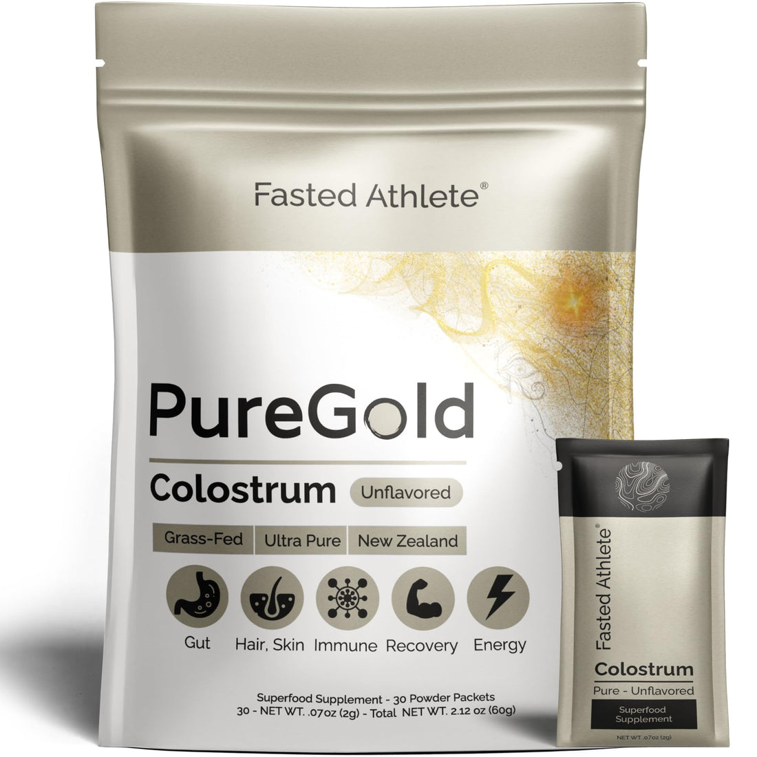 PureGold - Bovine Colostrum Powder - 100% Pure New Zealand Grass Fed, Supports Gut Health, Skin, Hair, & Immunity – Colostrum Supplement, Unflavored, 30 Travel Packets Fasted AthleteAu supplements