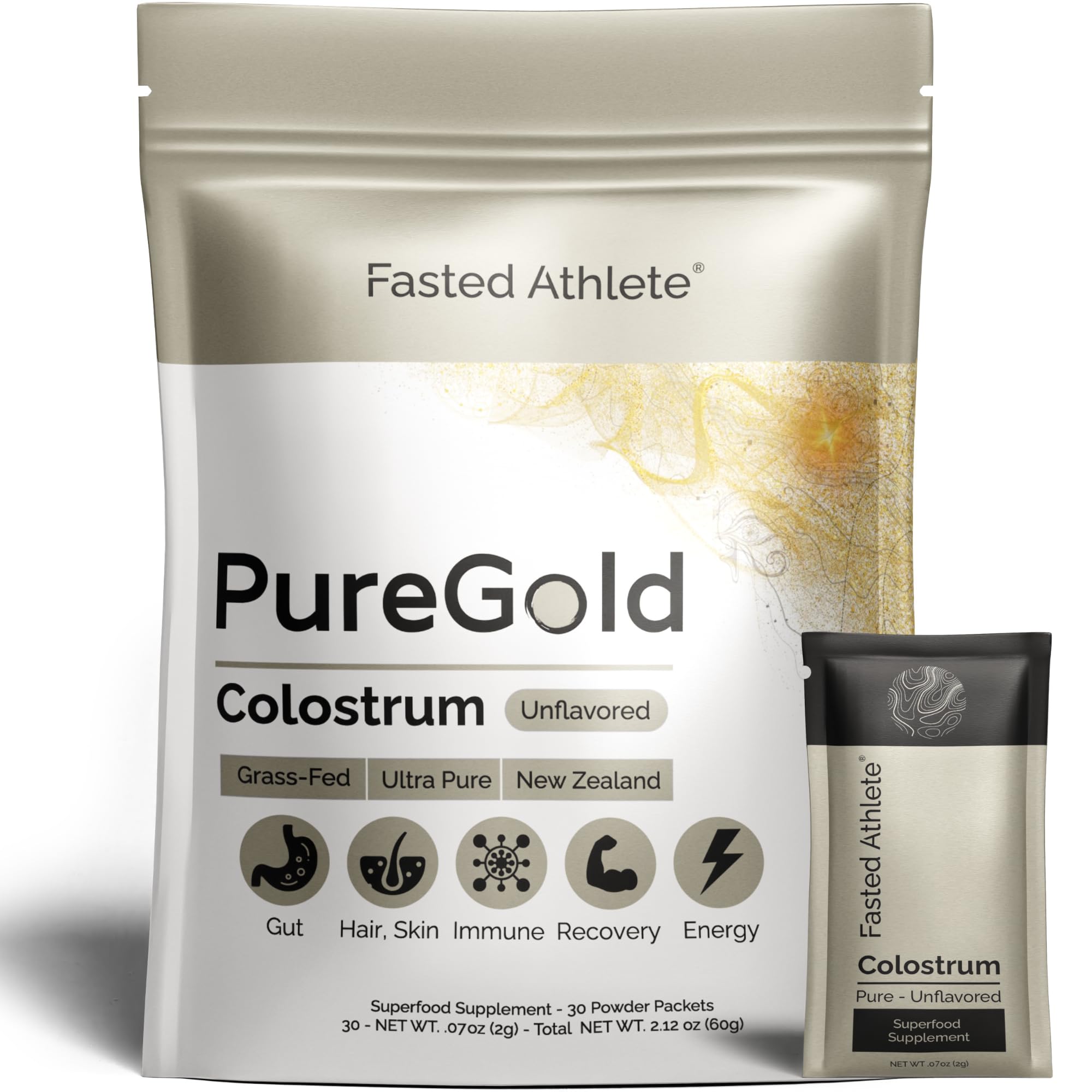 PureGold - Bovine Colostrum Powder - 100% Pure New Zealand Grass Fed, Supports Gut Health, Skin, Hair, & Immunity – Colostrum Supplement, Unflavored, 30 Travel Packets Fasted AthleteAu supplements