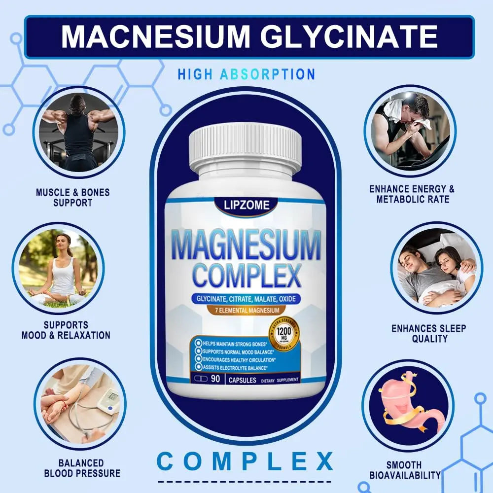 Magnesium Complex Supplement 1200mg - Advanced 7-in-1 Magnesium Blend - Glycinate, Citrate, Malate, Taurate, Oxide, Aspartate, Orotate – High Absorption Formula – Non-GMO, 90 Capsules Lipzomenz supplements