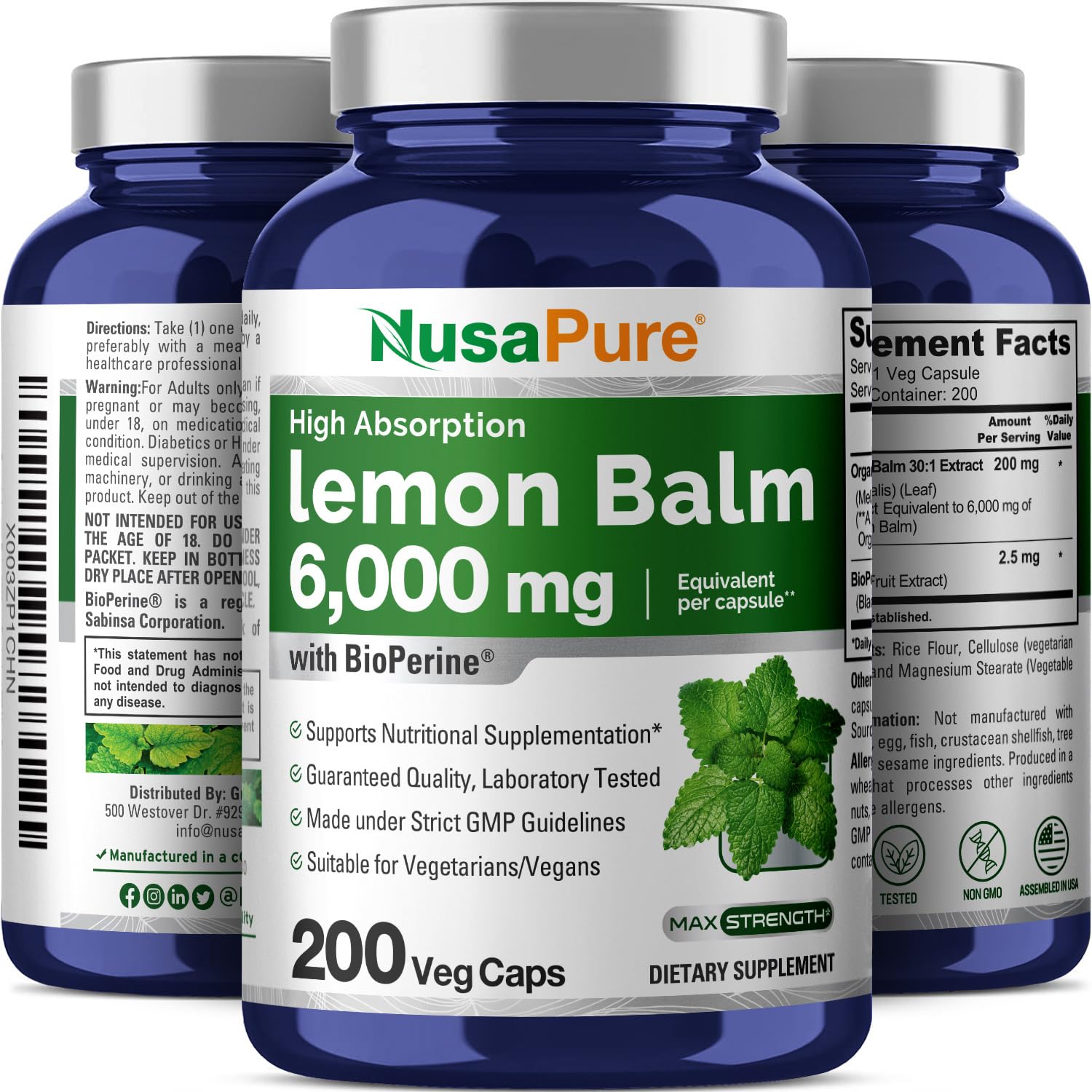 NusaPure Lemon Balm 30:1 Extract, 200 mg Equivalent to 6000mg Per Vegan Caps - 200 Count Non-GMO, Vegan Bioperine NusaPureAu supplements