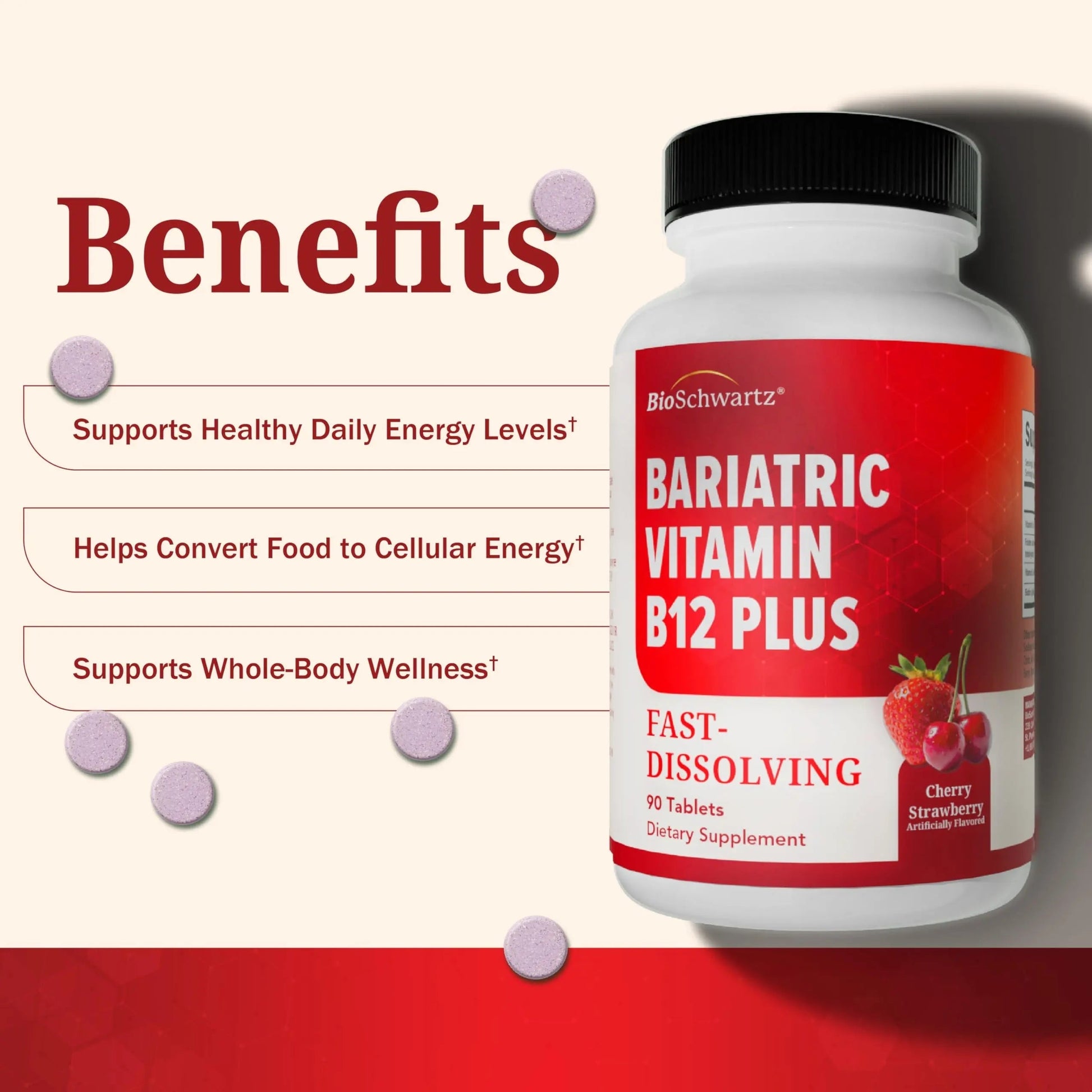 BioSchwartz Bariatric B12 Plus Dissolvable Tablets - 1000mcg Vitamin B12, Vitamin B6, Folate, Biotin - Cherry Strawberry Flavor BioSchwartzAu supplements
