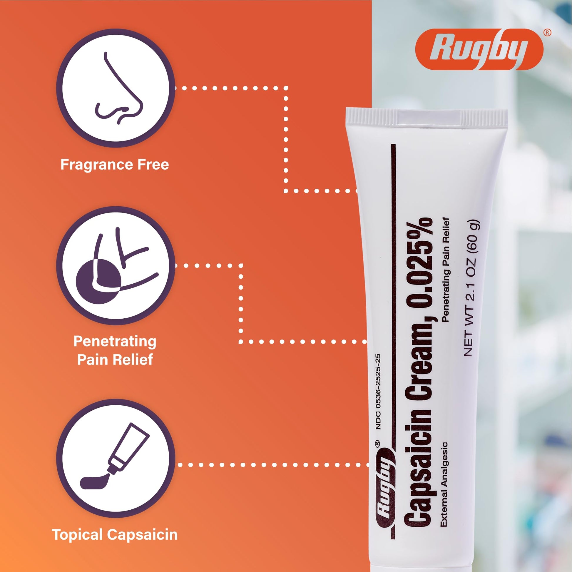 Rugby Capsaicin 0.025% Cream for Penetrating Pain Relief - 2.1 Oz (60g) (6 Pack) RUGBY LABORATORIESAu supplements