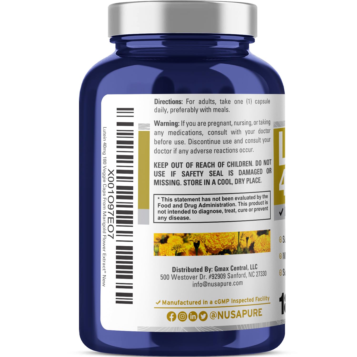 NusasPure Lutein - Suitable for Vegetarian/Vegan, Non - GMO - 40 mg - 180 Capsules NusaPureAu supplements
