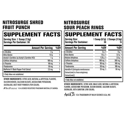 Jacked Factory Nitrosurge Pre-Workout in Sour Peach Rings & Fruit Punch Nitrosurge Shred Jacked FactoryUS supplements