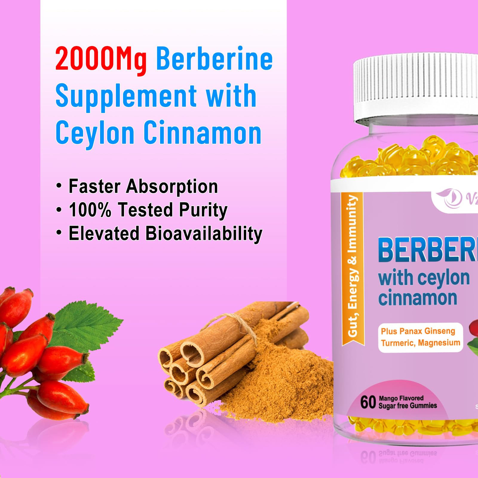 2 Pack Berberine with Ceylon Cinnamon Gummies, 2000mg High Potency Berberine HCI VZOXAINSUS supplements